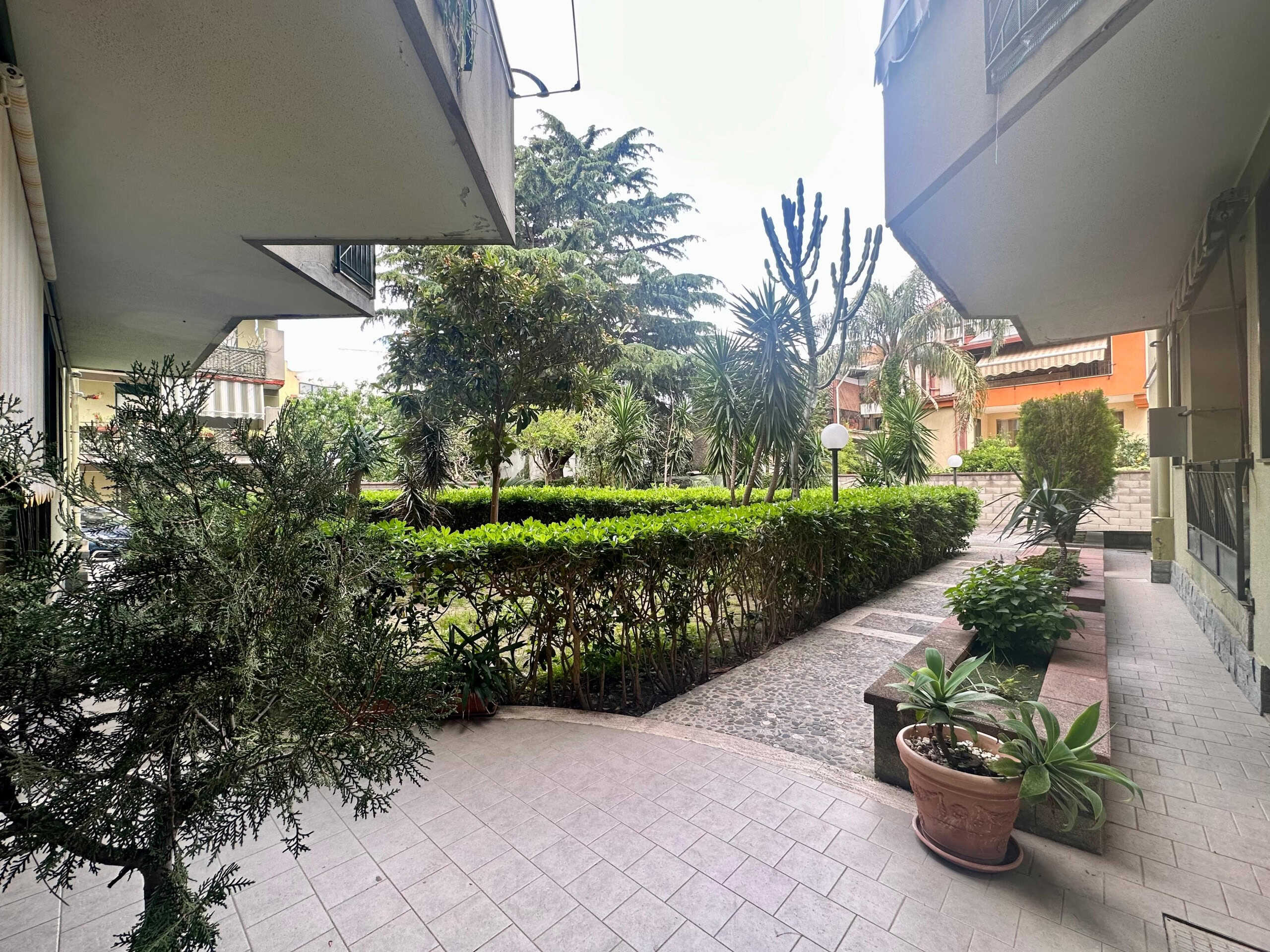Vialetto in un residence con piante ornamentali, cespugli e alberi immerse in un ambiente tranquillo e verde, ideale per la vita quotidiana e il relax all'aperto.