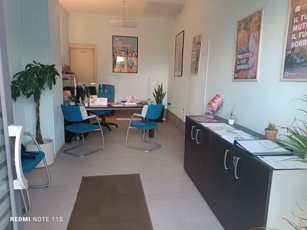 Agenzia immobiliare NextCasa, ufficio moderno con scrivanie e sedie blu, pareti decorate con poster promozionali e piante d'appartamento, ambiente professionale e accogliente per consulenze immobiliari.