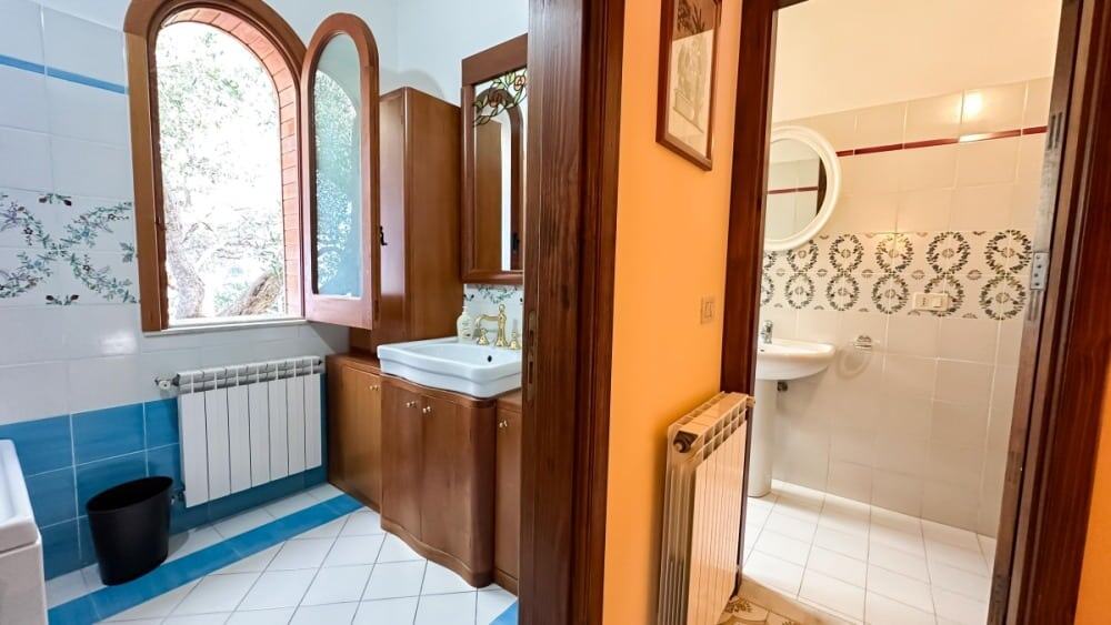 Bagno di casa con finestra in legno, lavabo in ceramica, arredi in stile classico, piastrelle decorative bianche e blu, ambiente luminoso e accogliente, perfetto per immobili residenziali NextCasa.