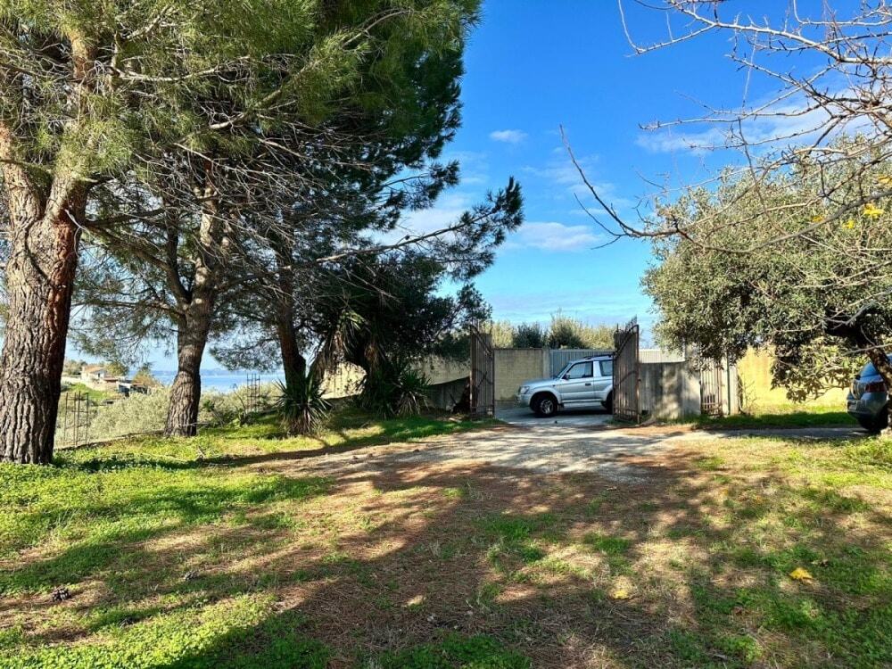 Spazio esterno con alberi e ingresso con cancello in metallo, in un'atmosfera tranquilla e naturale, ideale per proprietà residenziali o agroturistiche in località tranquille.