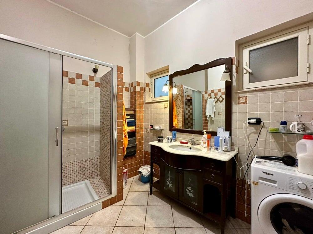 Lavabo bagno con specchio e armadietto, area doccia con pareti di vetro, lavatrice e servizi accessori in ambiente abitabile. Design funzionale e pratico, ideale per il comfort quotidiano.