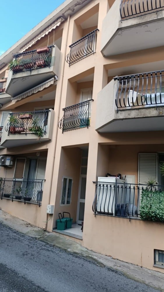 Balconi di un appartamento residenziale con ringhiere in ferro battuto e piante verdi, vista su strada asfaltata sotto un cielo azzurro, ideale per annunci immobiliari e affitti.