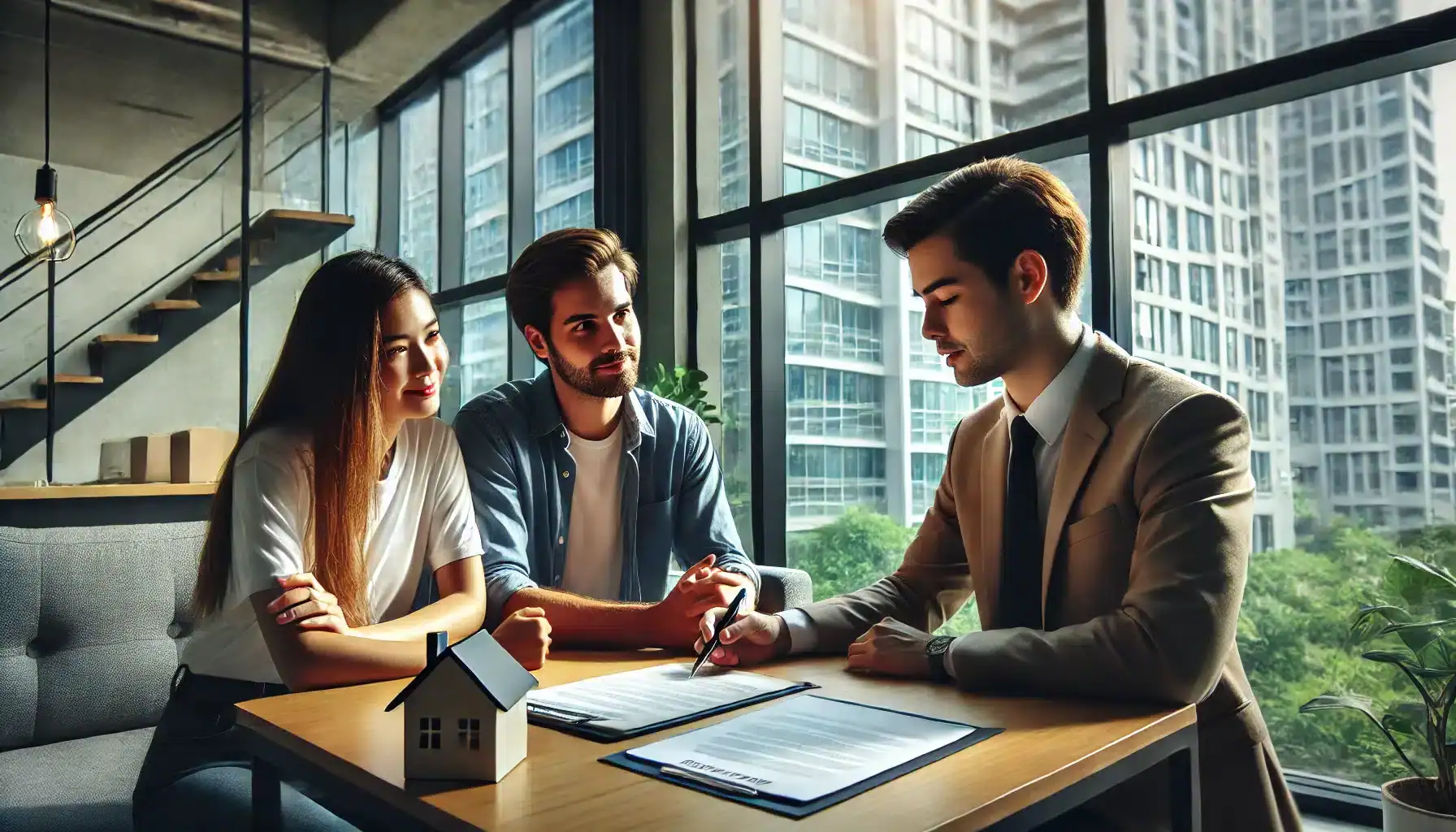 DALL·E 2024 10 12 16.14.19 A professional real estate agent consulting a couple about buying a house. The scene shows the agent sitting at a desk with documents, discussing the