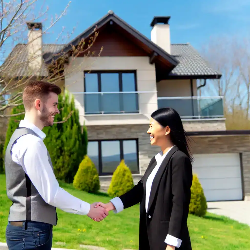DALL·E 2024 10 13 15.12.55 A real estate agent shaking hands with a property owner in front of a house. The setting is professional, with both parties smiling in agreement. The