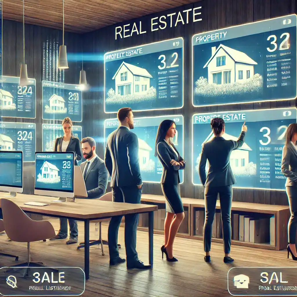DALL·E 2024 10 14 13.58.48 An illustration of a modern real estate office with people interacting, looking at property listings on screens, and an agent assisting a couple. The