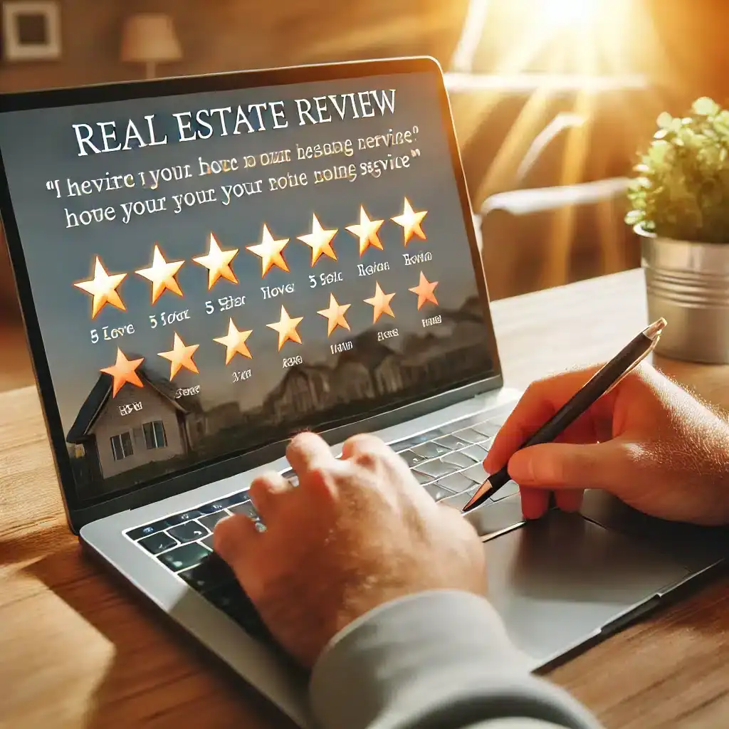 DALL·E 2024 10 14 21.07.35 A person writing a positive review on a laptop for a real estate agency, the screen shows 5 star ratings and positive comments, the atmosphere is brig