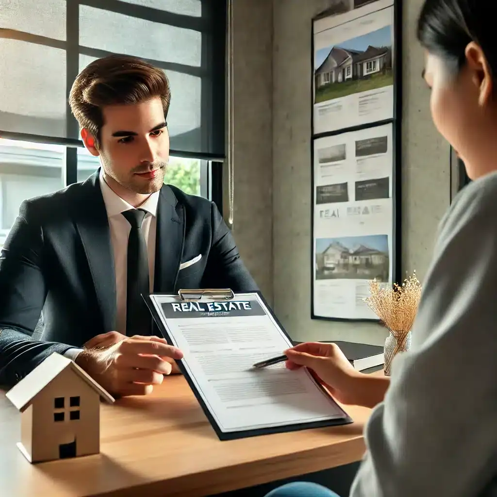 DALL·E 2024 10 14 21.17.05 A professional real estate agent sitting at a modern office desk, showing a client a document related to selling a house. The atmosphere is formal but