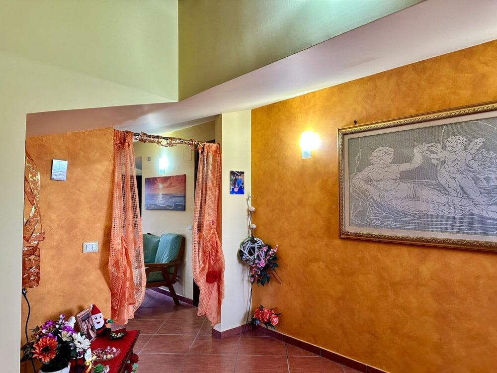 Accogliente ingresso di casa NextCasa con pareti colorate, decorazioni floreali e tappeti, ambienti eleganti e ben illuminati, ideale per vivere in comfort.