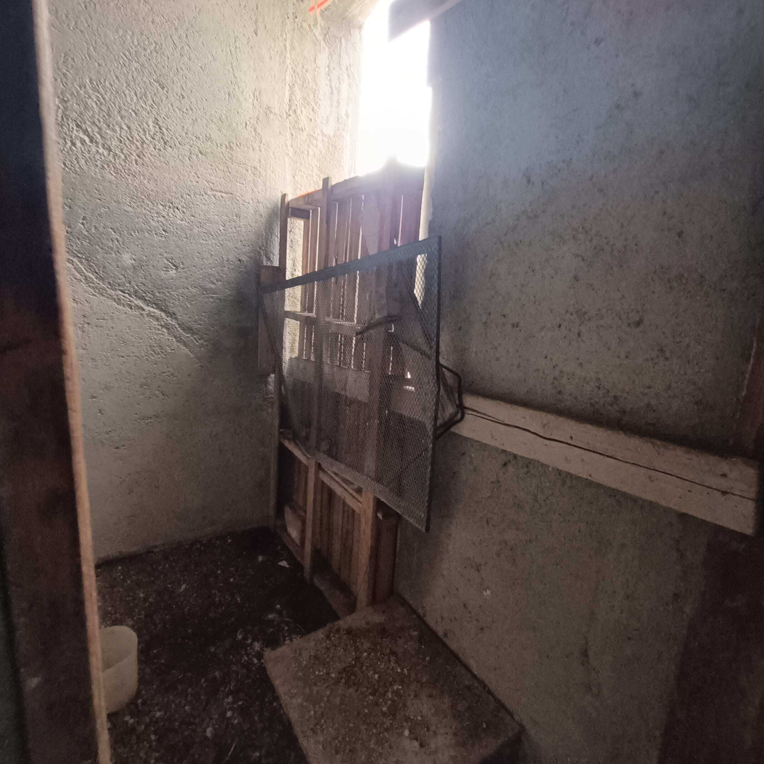 Stalla di campagna con pareti in cemento e sole che entra da una finestra, utilizzo di materiali rustici e un'area sconnessa a pavimento.