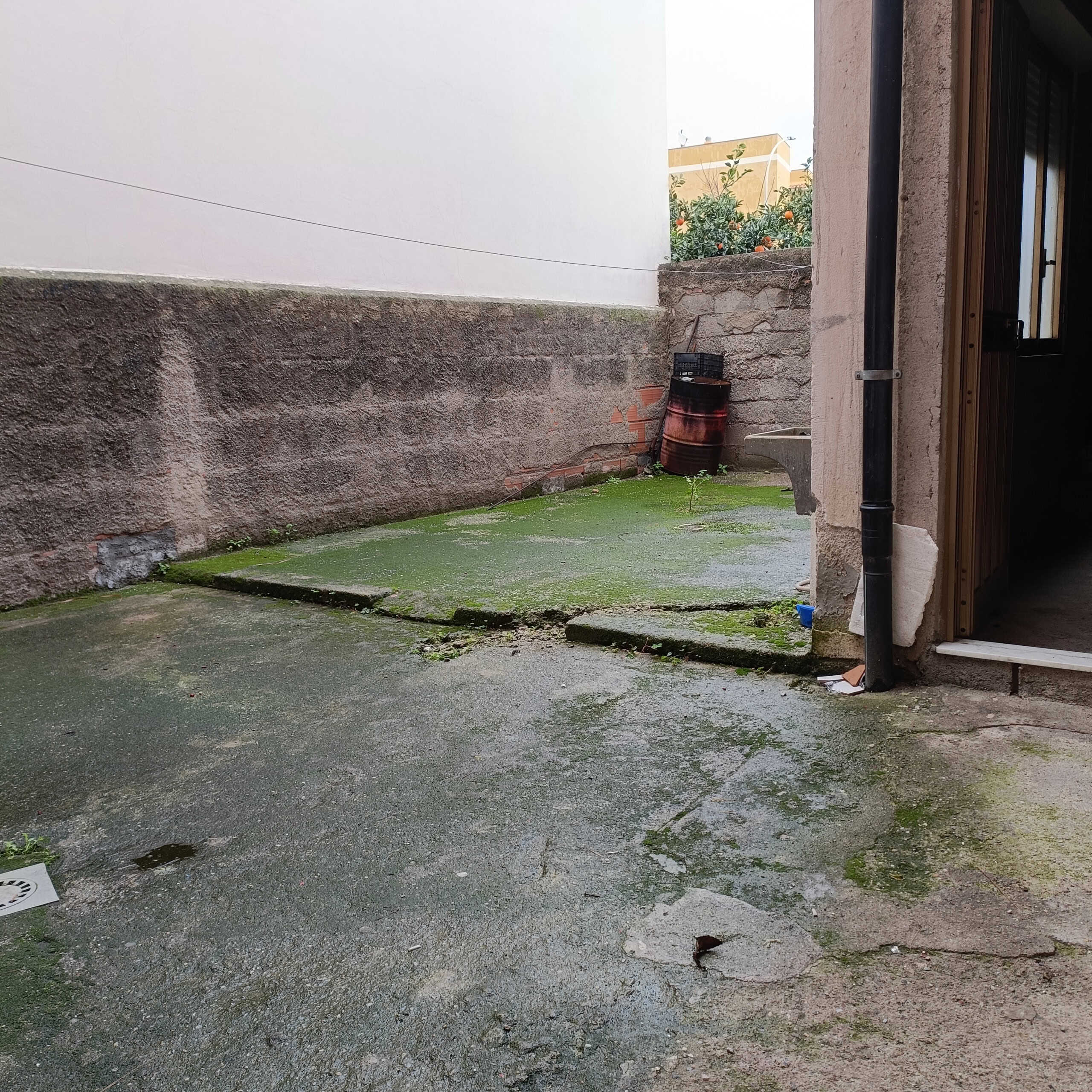 Vecchio cortile esterno con pavimentazione in cemento, pareti in mattoni e presenza di vegetazione, zona adatta a ristrutturazione o rinnovamento edilizio.
