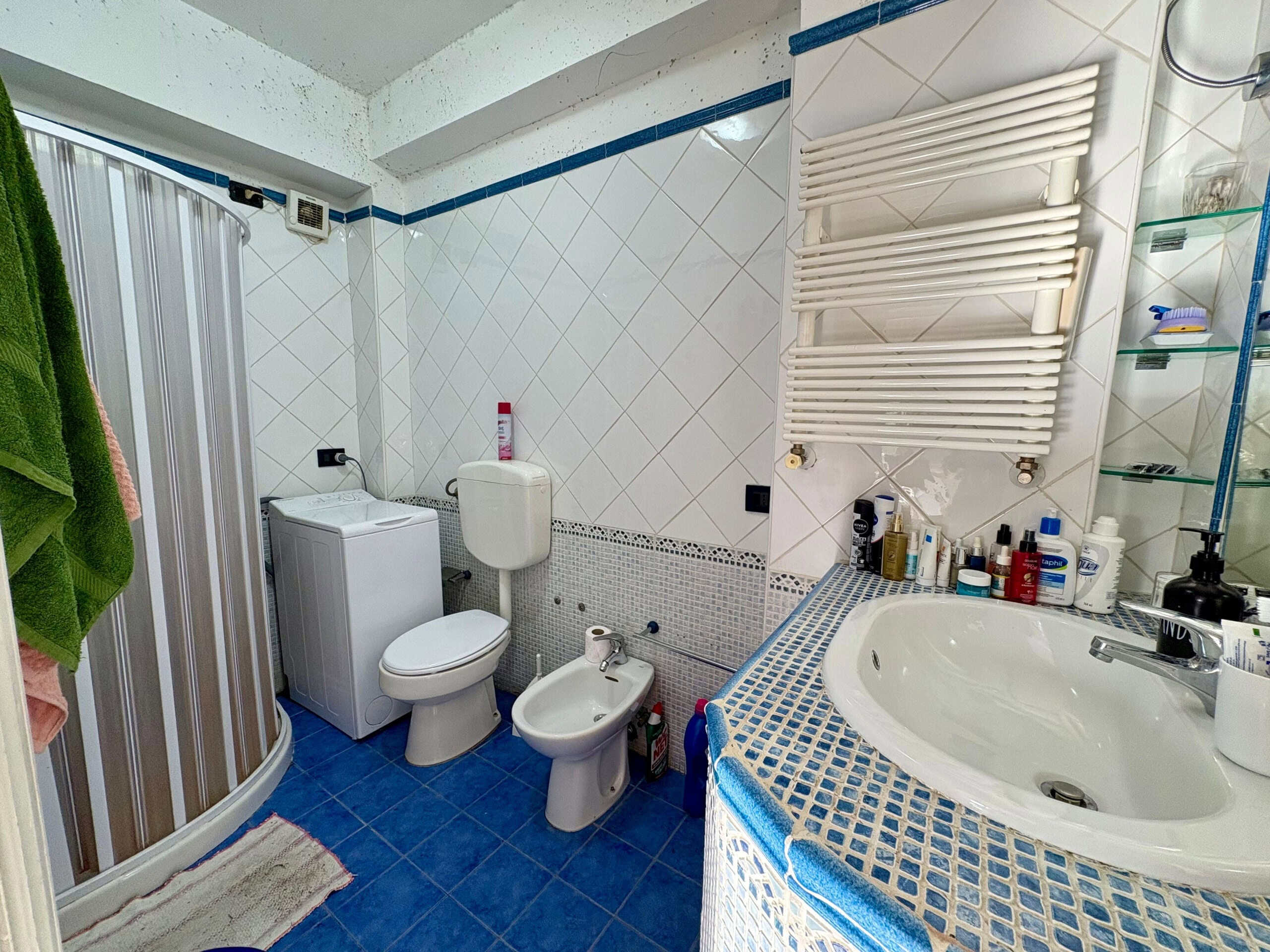 Bagno con sanitari, lavabo, bidet e box doccia in ceramica, superficie in piastrelle beige e blu, armadietto con specchio e accessori per l'igiene personale, ambiente funzionale e ben curato.