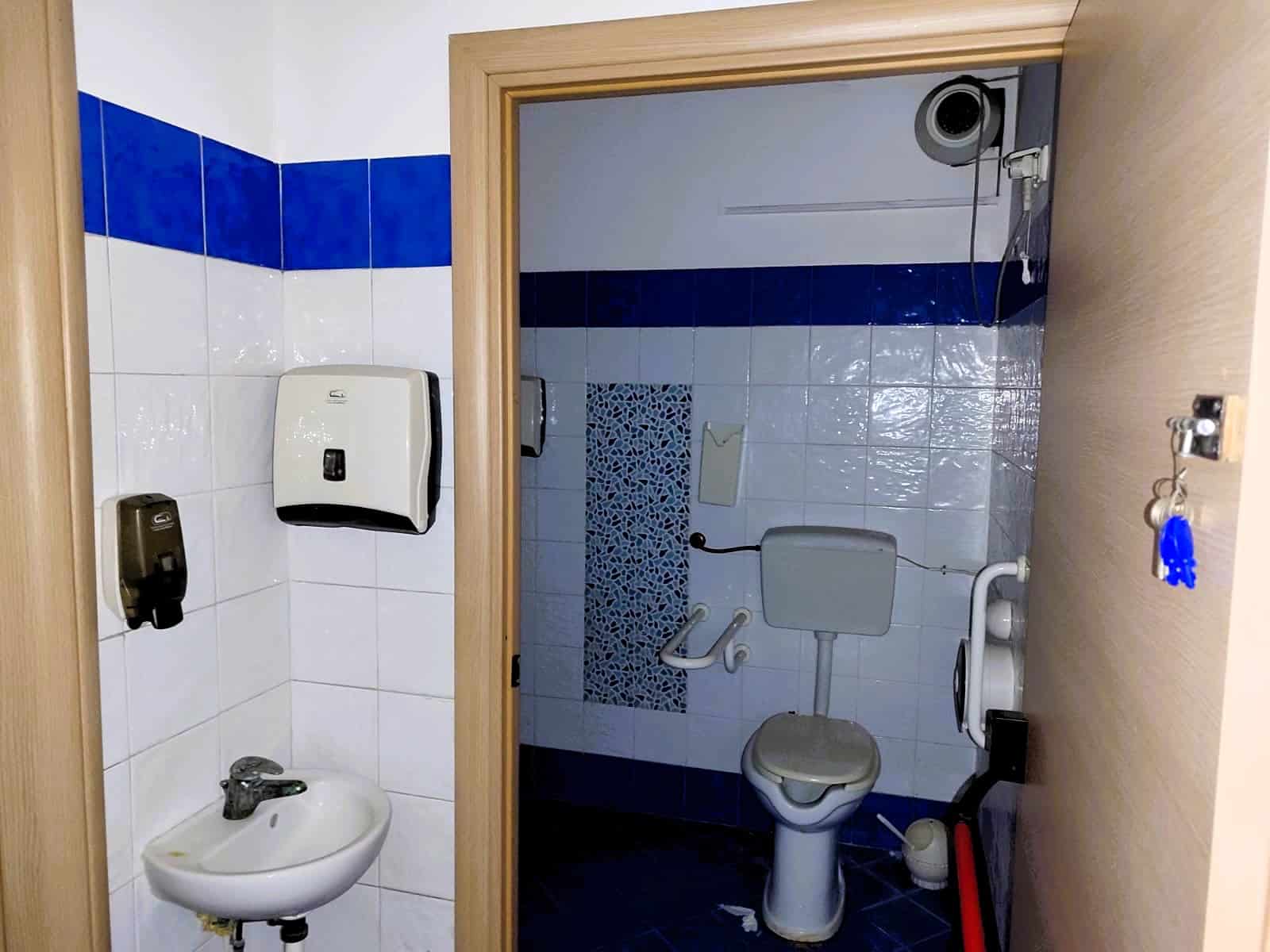 Bagno per disabili con servizi igienici accessibili e maniglioni, piatto doccia senza soglia, lavabo con specchietto, pareti rivestite di piastrelle bianche e blu, attrezzature di assistenza sanitaria, ambiente pulito e funzionale.