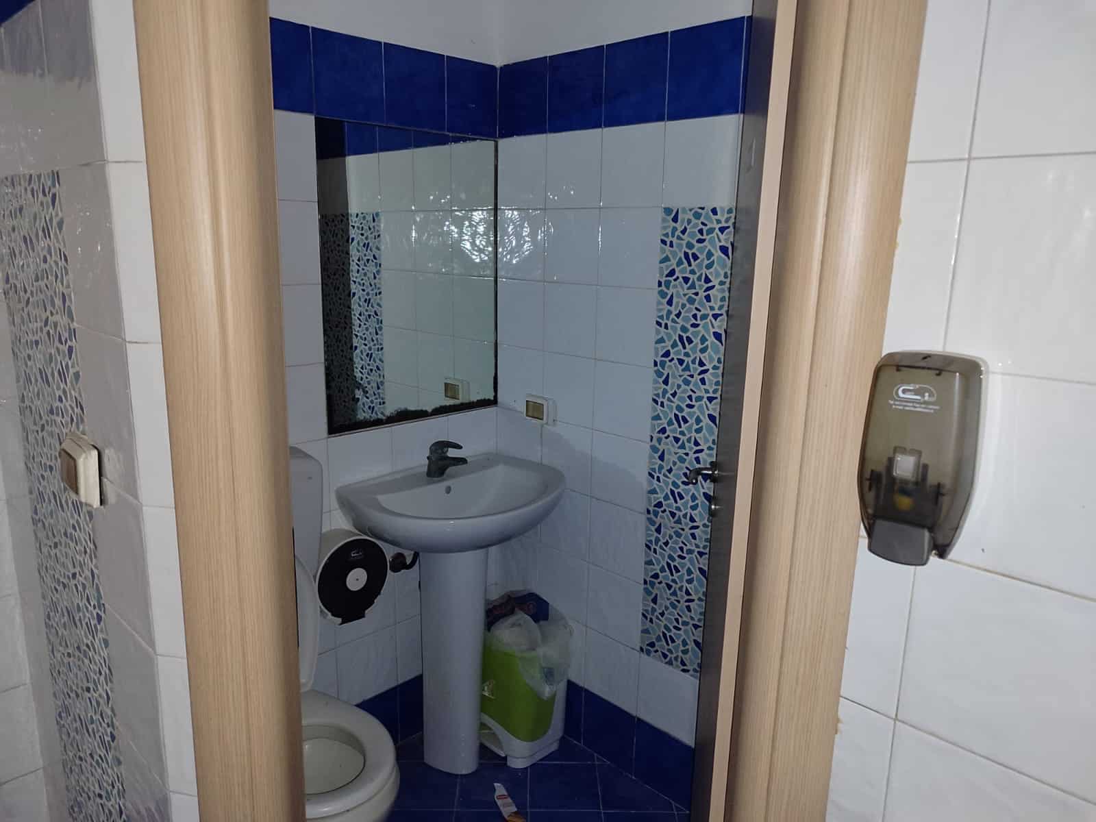 Lavabo e servizi igienici in bagno di appartamento NextCasa, con pareti decorate con piastrelle blu e bianche, specchio sopra il lavandino e dispenser di sapone a parete.