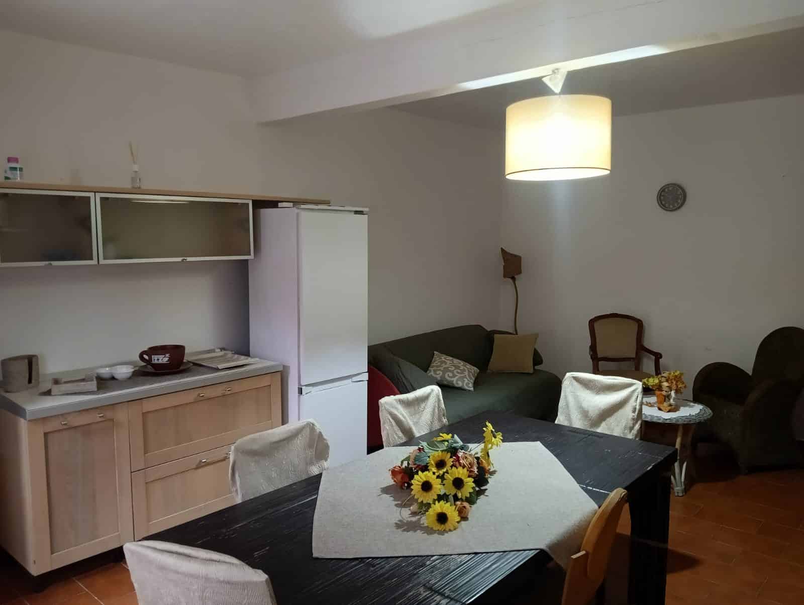 Decorazione soggiorno con zona pranzo, soggiorno con divano e poltrone, cucina con frigorifero, tavolo con fiori, atmosfera accogliente e luminosa.