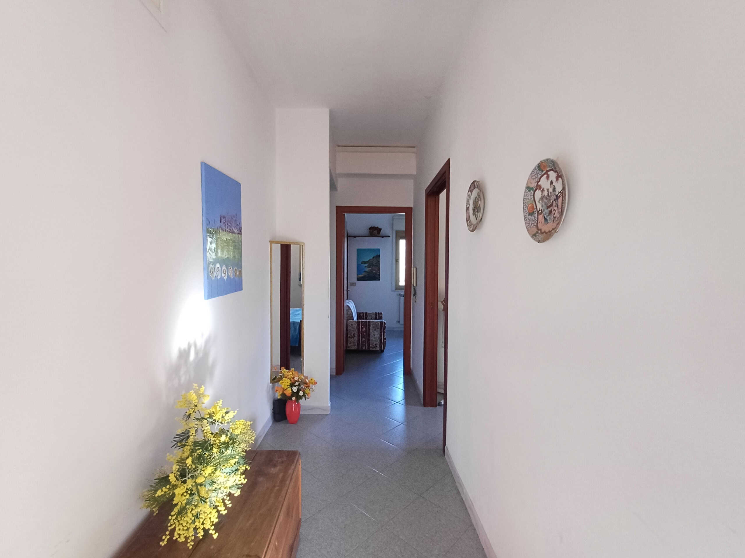 Luminoso corridoio in appartamento con arredi moderni, decorazioni artigianali, e piante ornamentali, ideale per una casa in affitto o vendita, con ambienti accoglienti e funzionali.