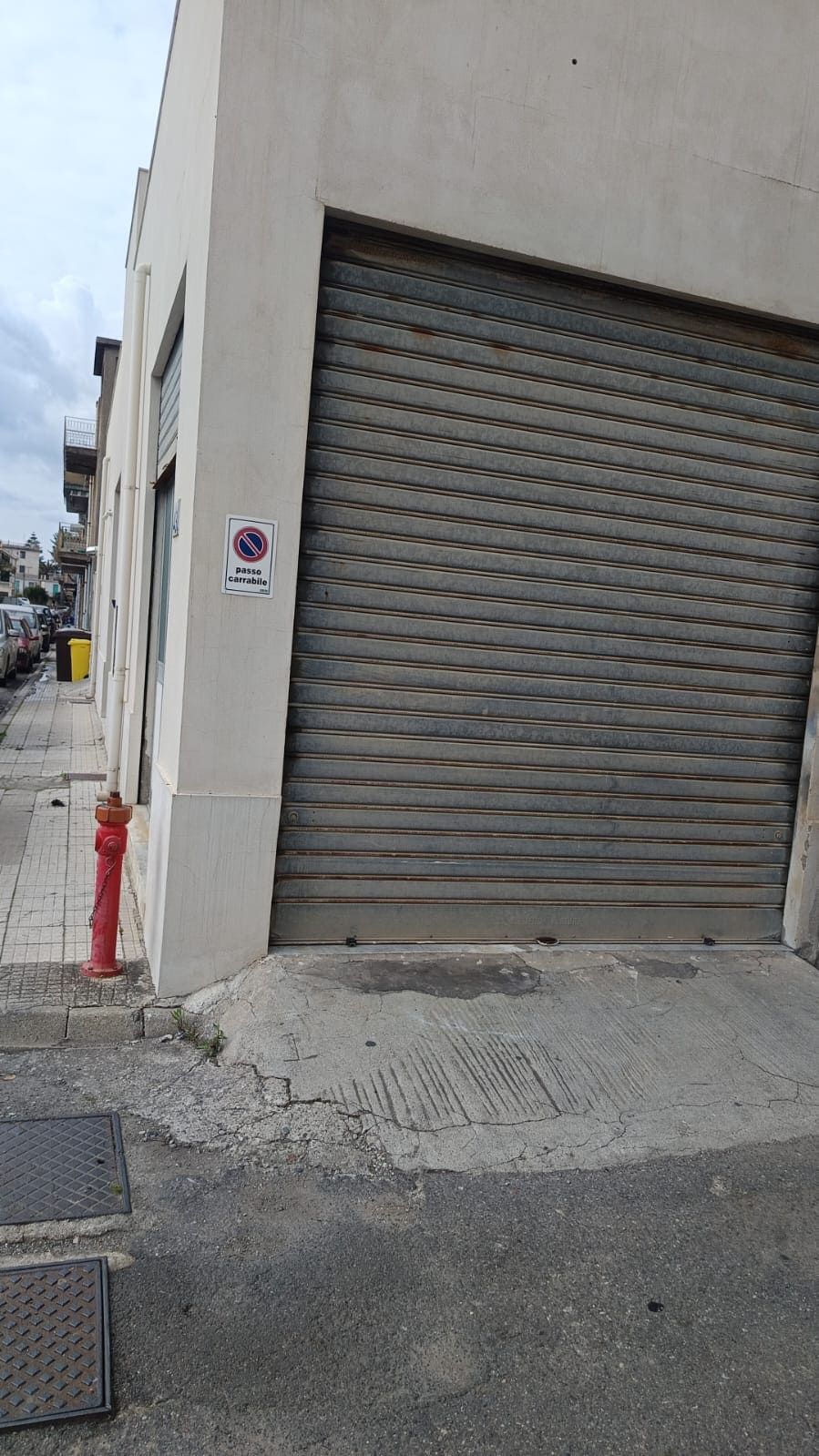 Serranda industriale in metallo con finitura rustica, chiusura a rullo, installata su un edificio commerciale in area urbana, con strada e parcheggi circostanti.