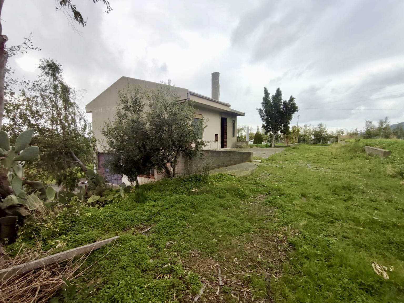 Casa indipendente con giardino verde e bardature rustiche, circondata da natura e alberi, ideale per abitazione o investimento immobiliare in zona tranquilla.