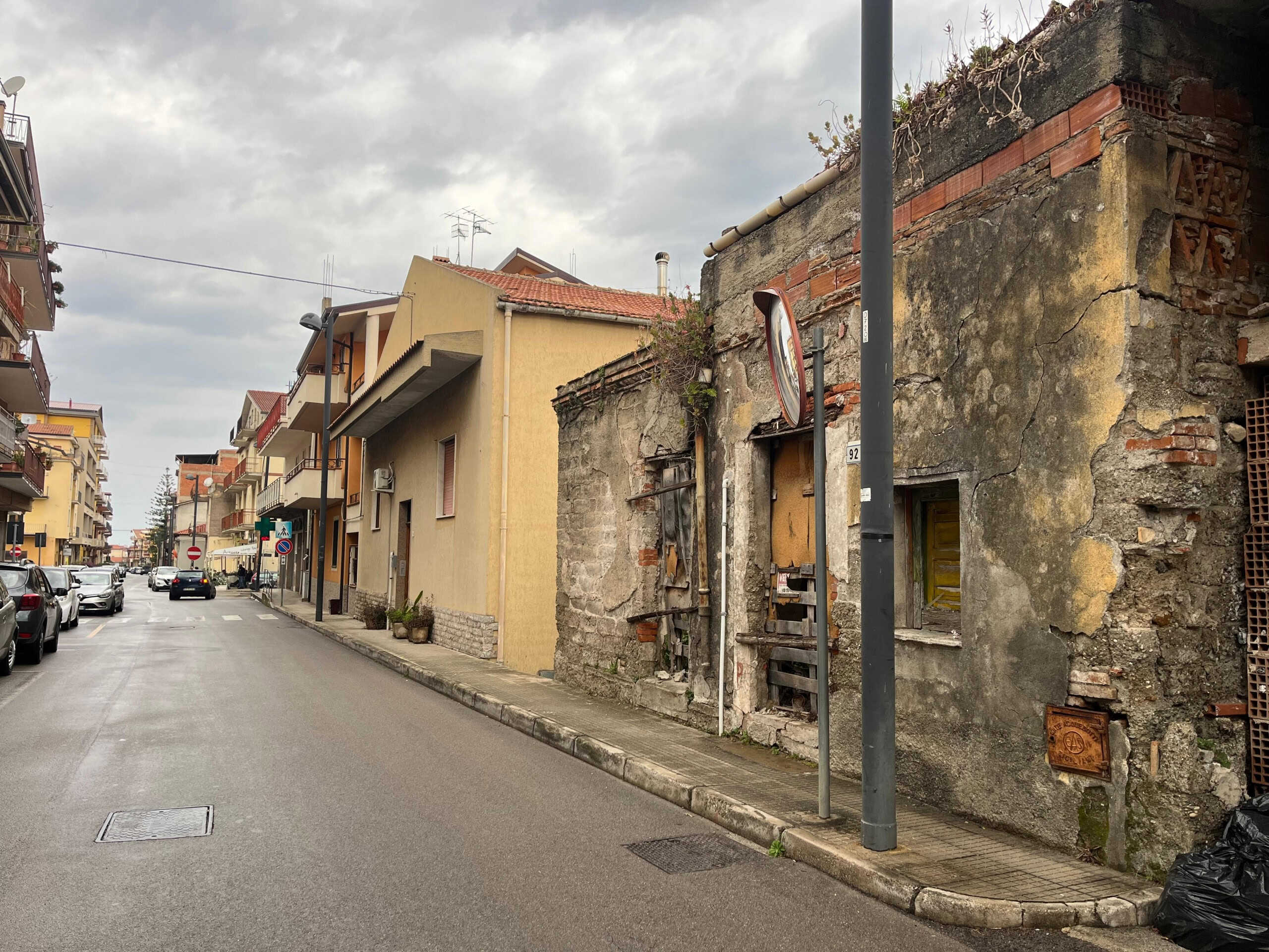 Vegetazione urbana e costruzioni abbandonate, strada cittadina con edifici residenziali, contrasto tra nuove costruzioni e strutture storiche, atmosfera di quartiere residenziale, situazione di degrado urbano.