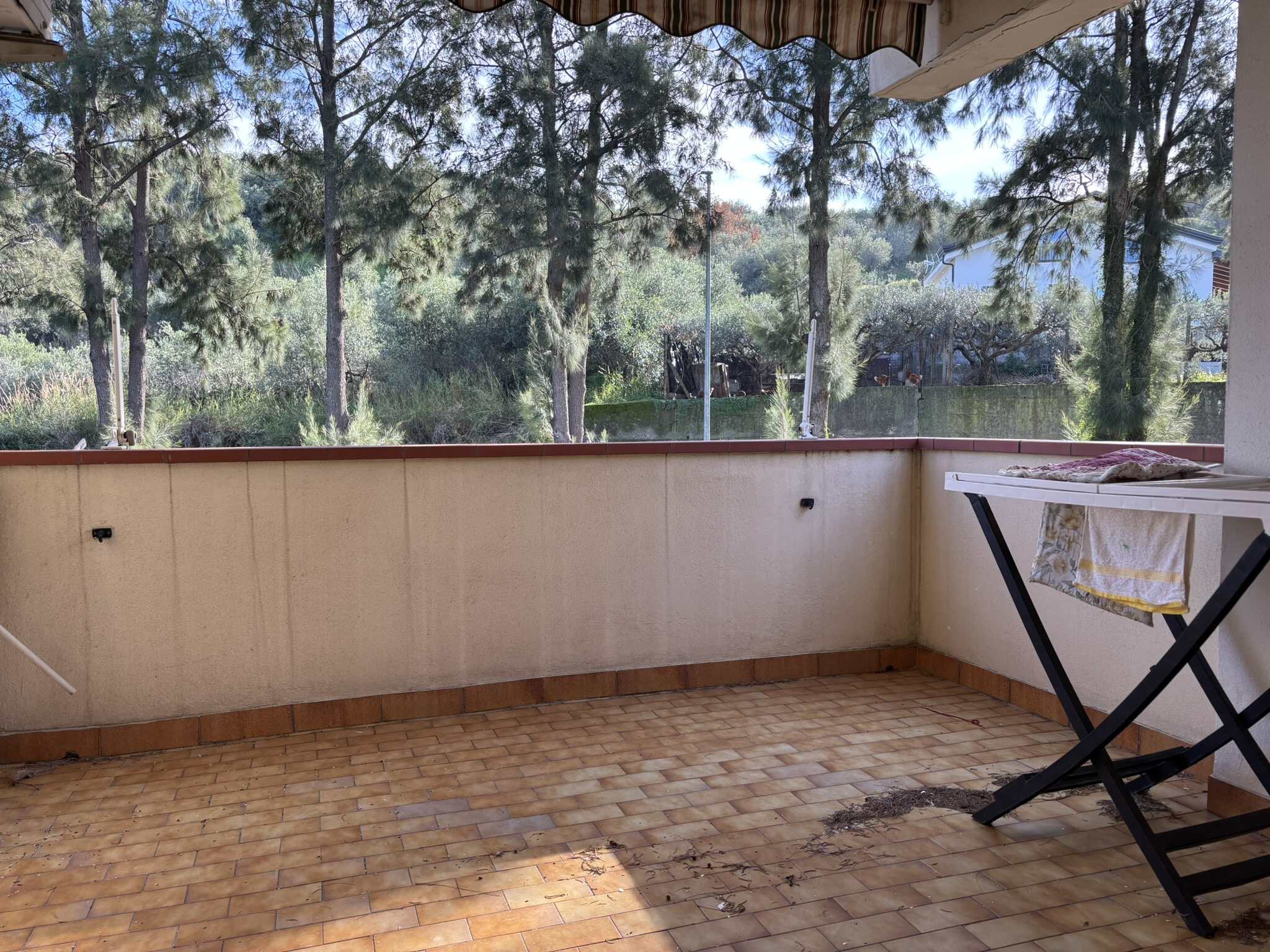 Balcone con vista sulla natura e alberi, pavimento in piastrelle, spazio per relax e attività all'aperto. Ambiente tranquillo e verde, ideale per vivere all'aperto e godersi il panorama naturale.