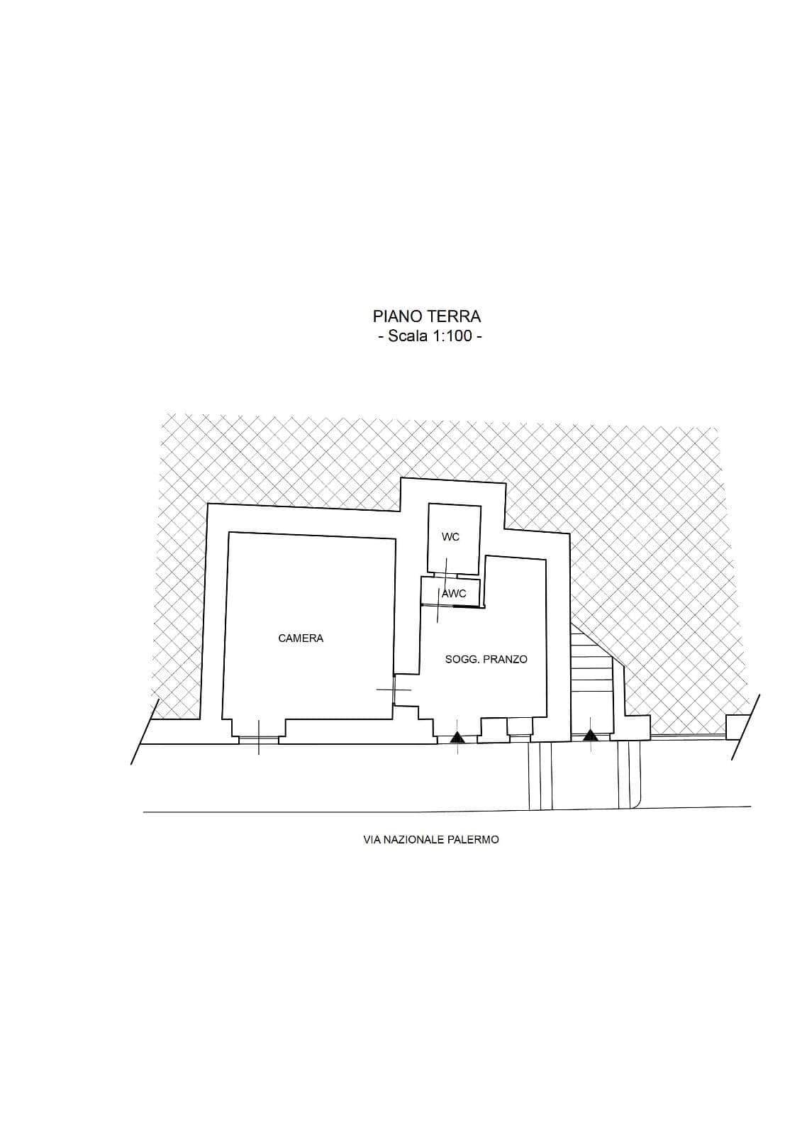 Ideale per immagini di planimetrie di case o immobili residenziali, mostra la disposizione degli ambienti in un appartamento con camere, soggiorno, bagni e accessi; ottimizzata per immobili a Palermo.