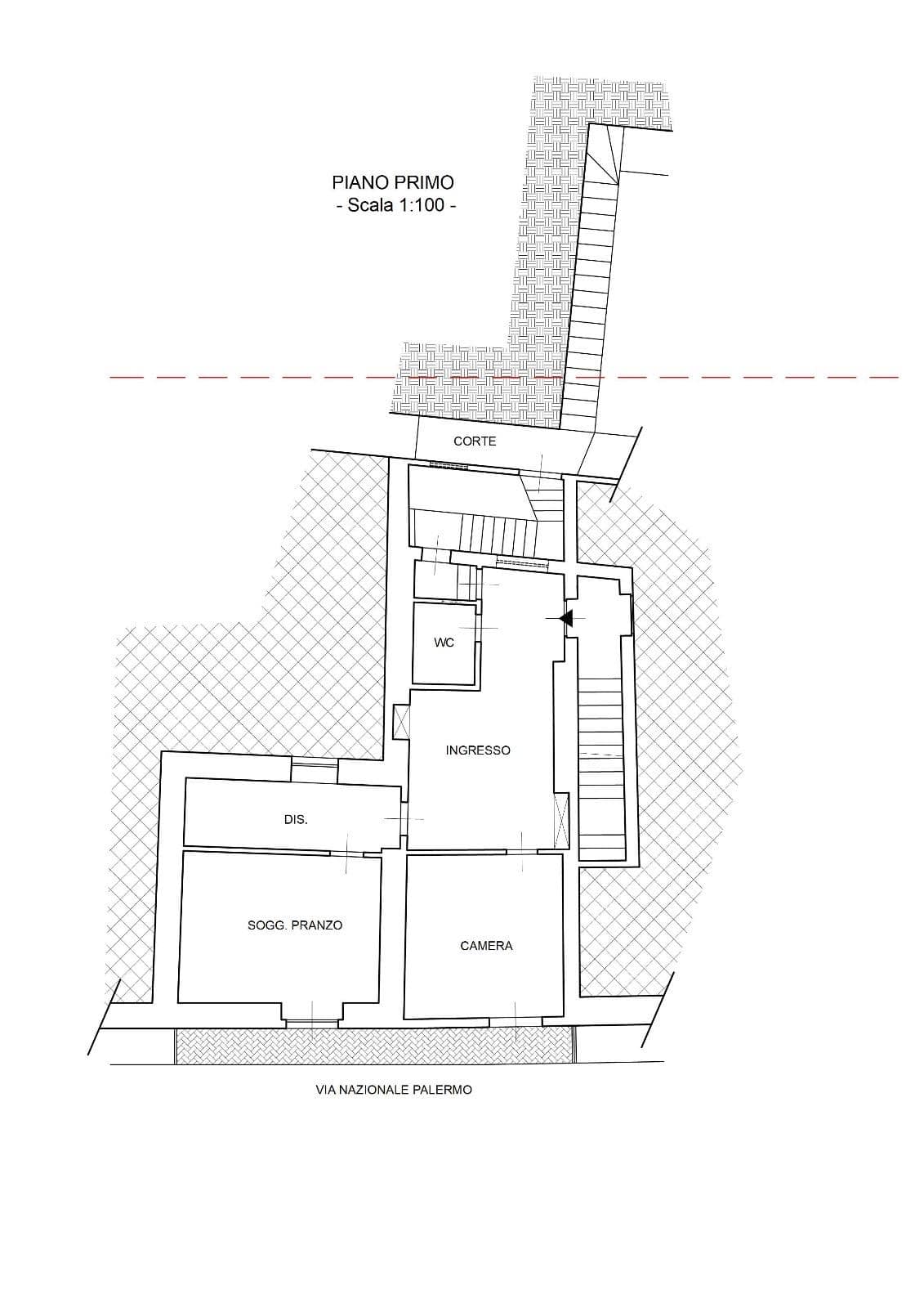 Piantina di un appartamento residenziale con ingresso, soggiorno-pranzo, camera, disimpegno e servizi igienici, planning dettagliato per comprare o affittare casa a Palermo, Italia.