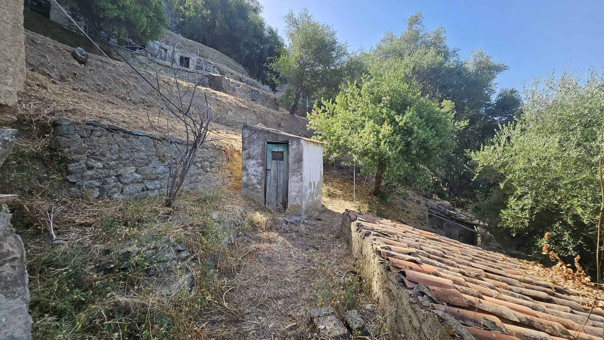 Vecchio deposito o ricovero in campagna con muri in pietra e tetto in terracotta, immerso nel verde con alberi e paesaggio naturale, ideale per rustico o progetto ristrutturazione.