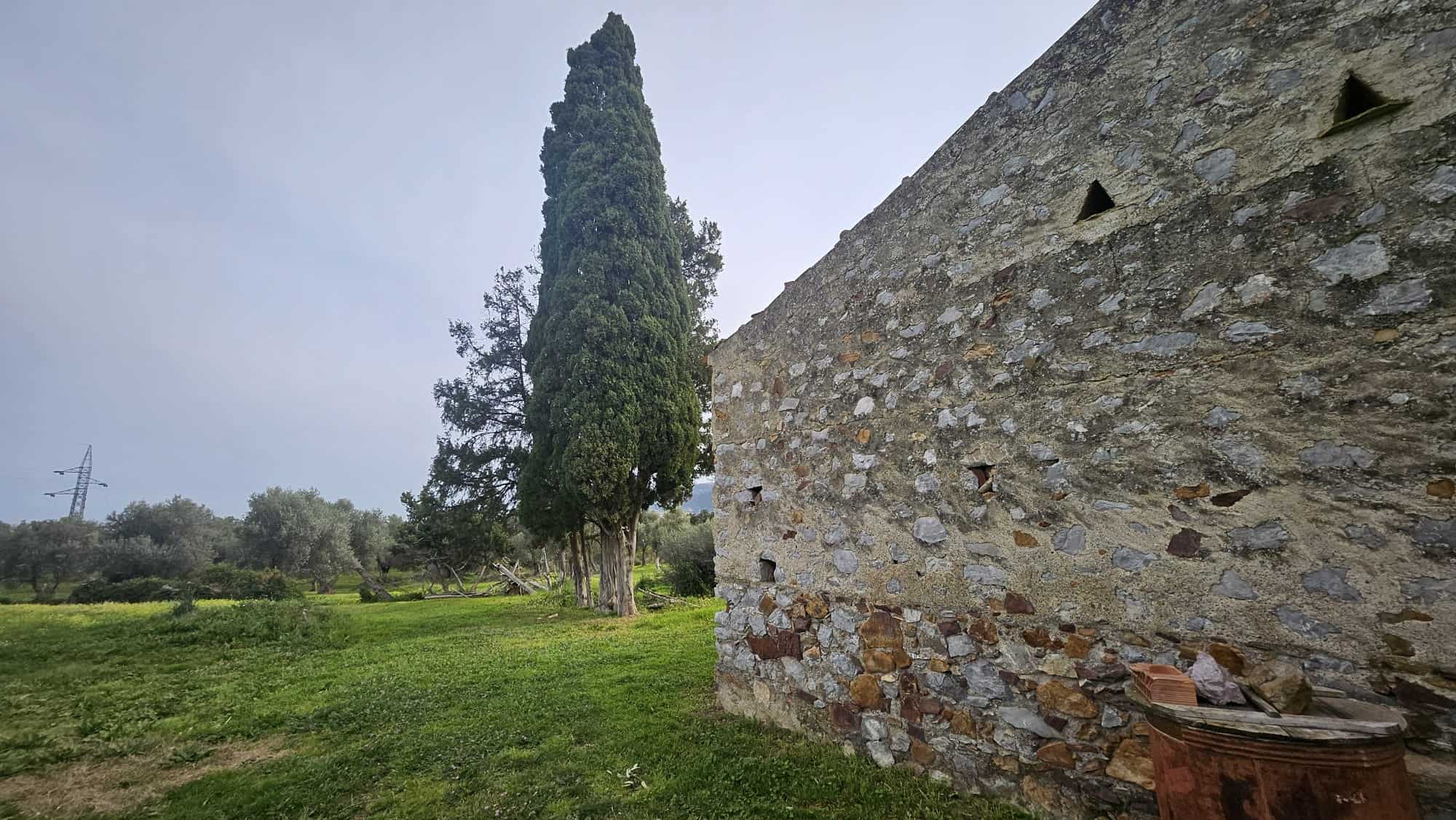 Vecchio muro in pietra con finestre a forma triangolare, circondato da natura e alberi, in un paesaggio rurale toscano, ideale per immobili di charme e residenze in campagna, NextCasa.