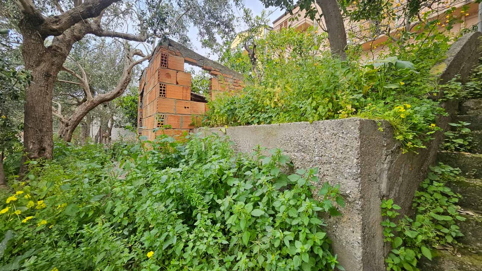 Vendita immobili a NextCasa, cortile con verde e struttura in mattoni in costruzione, giardino esclusivo, ambiente naturale, progetto edilizio sostenibile.
