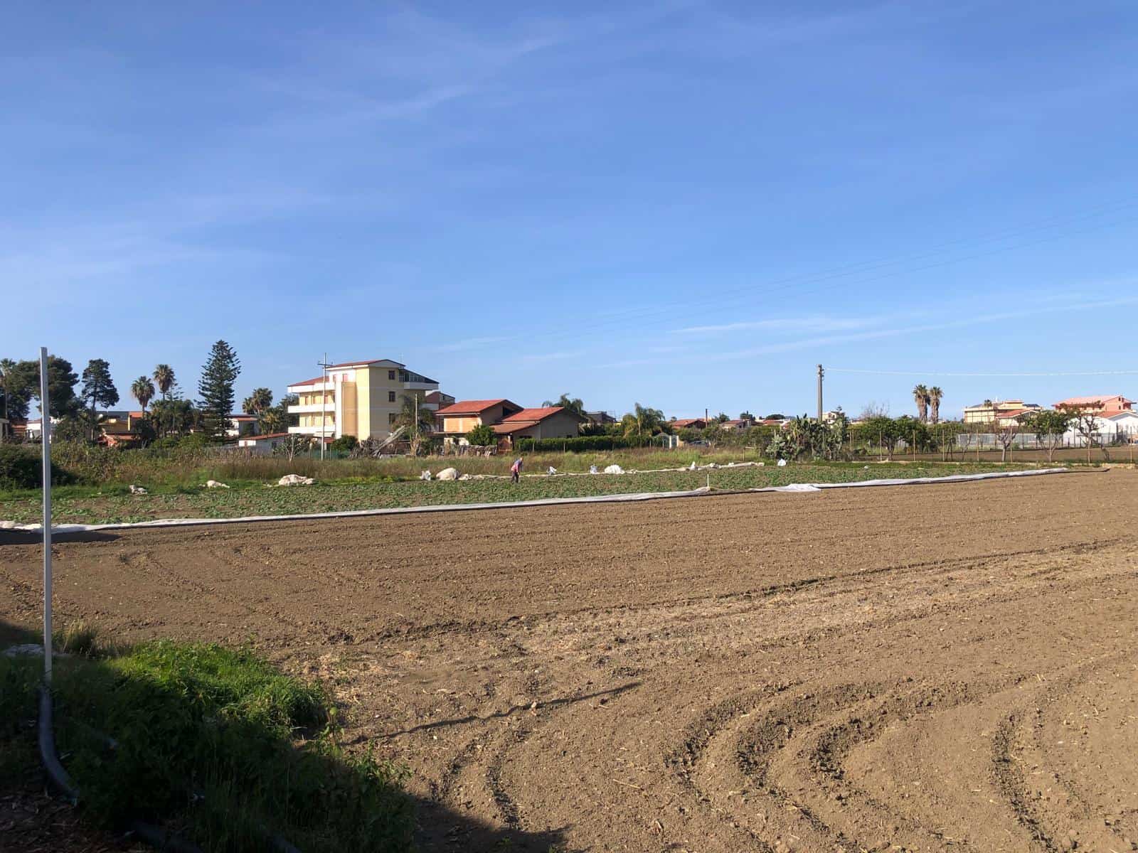 Prato di terreno edificabile in fase di preparazione per nuova costruzione, con case residenziali in background e cielo sereno.