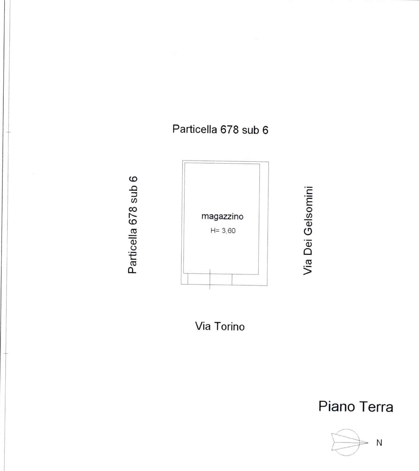 Magazzino—planimetria di deposito con altezza di 3,60 metri, situato tra Via Torino e Via Dei Gelsomini, ideale per clienti di NextCasa.
