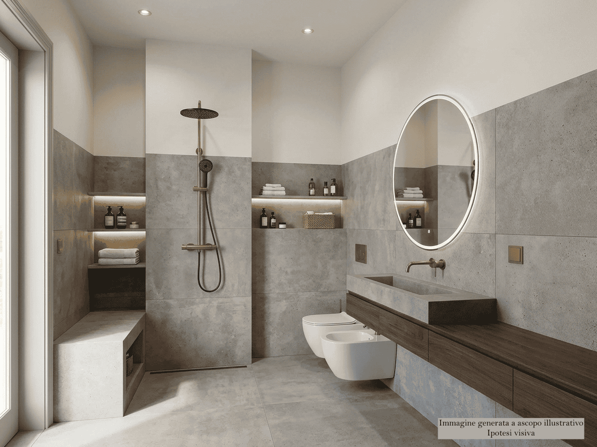 Bagno elegante con doccia a pioggia, lavabo in legno e specchio rotondo, in una casa in vendita a Milazzo.