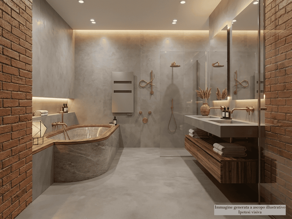 Bagno elegante con vasca in pietra, doccia a pioggia e arredi in legno, illuminato da luci soffuse e dettagli di design.
