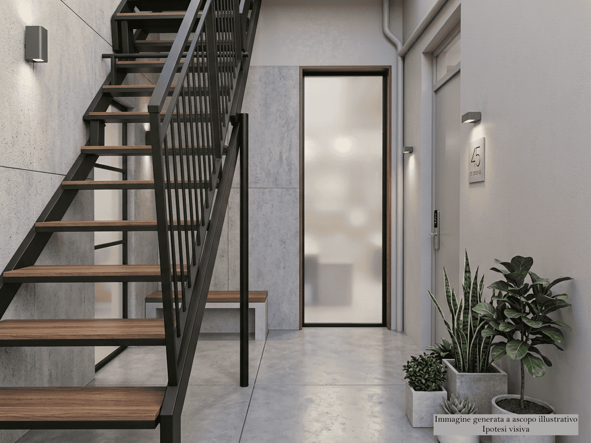 Ingresso di una casa indipendente in vendita a Milazzo, con porta moderna e decorazioni di piante verdi, in un contesto residenziale elegante.