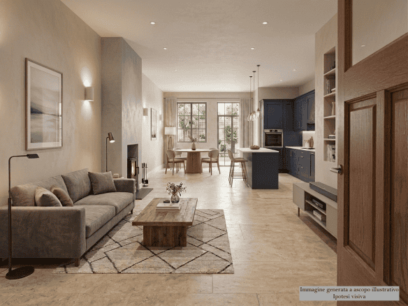 Interni di una casa indipendente moderna con soggiorno e cucina aperta, arredamento elegante e luminoso, vista sul giardino attraverso grandi finestre.
