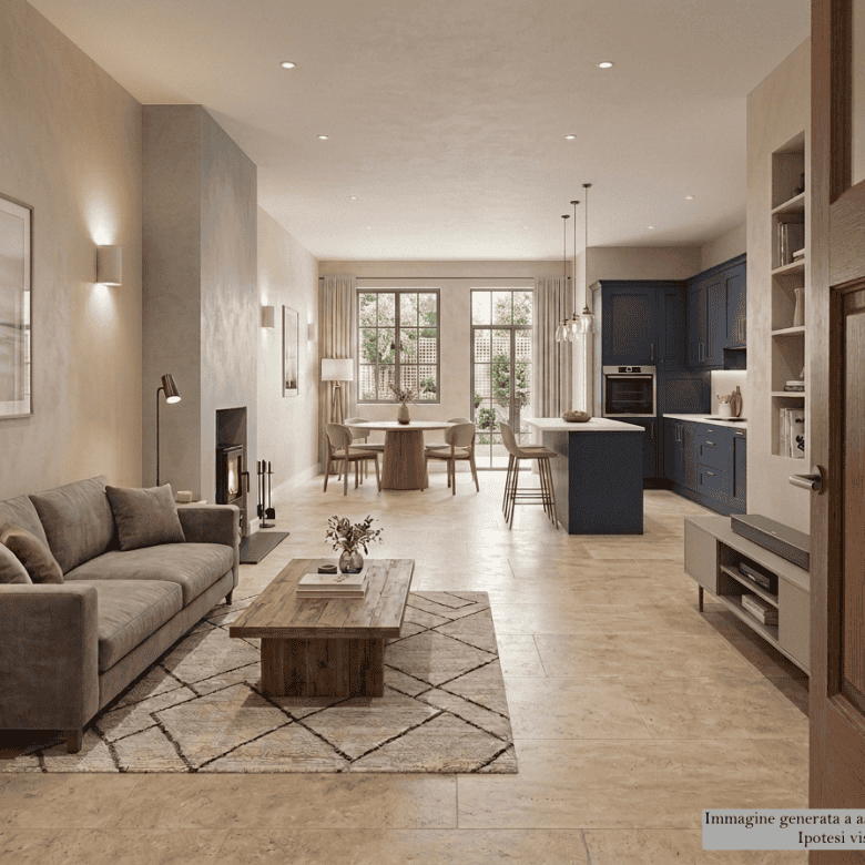 Interni di una casa indipendente moderna con soggiorno e cucina aperta, arredamento elegante e luminoso, vista sul giardino attraverso grandi finestre.