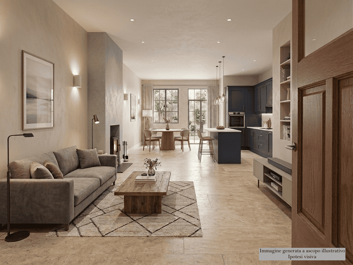 Interni di una casa indipendente moderna con soggiorno e cucina aperta, arredamento elegante e luminoso, vista sul giardino attraverso grandi finestre.