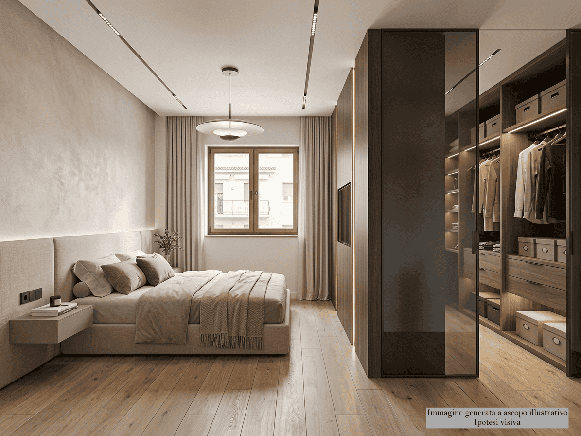 Interno di una camera da letto moderna con armadio a muro e finestra che lascia entrare luce naturale, in un appartamento in vendita a Milazzo.