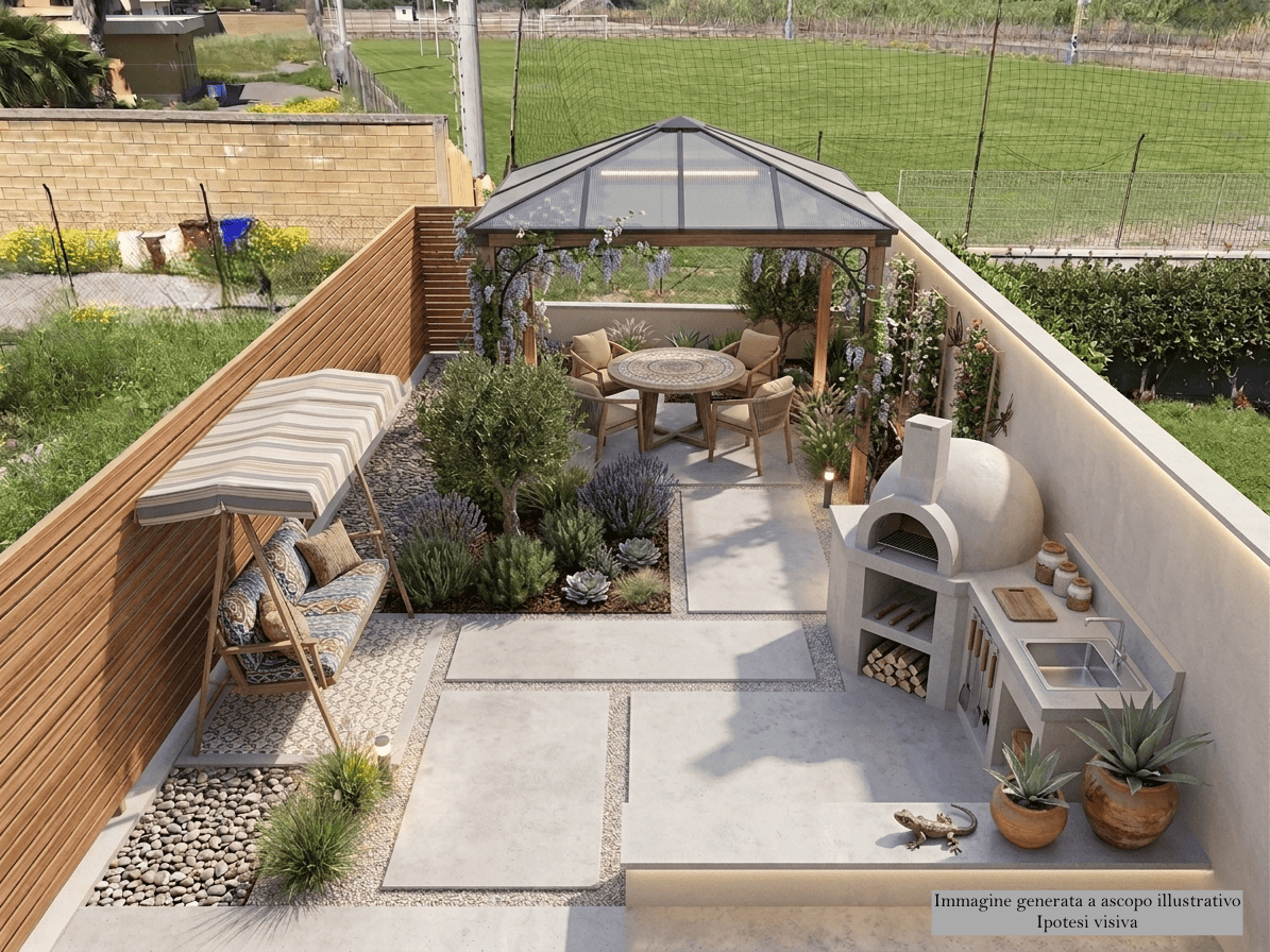 Giardino privato con area relax, gazebo e forno a legna, ideale per vivere all'aperto a Milazzo.