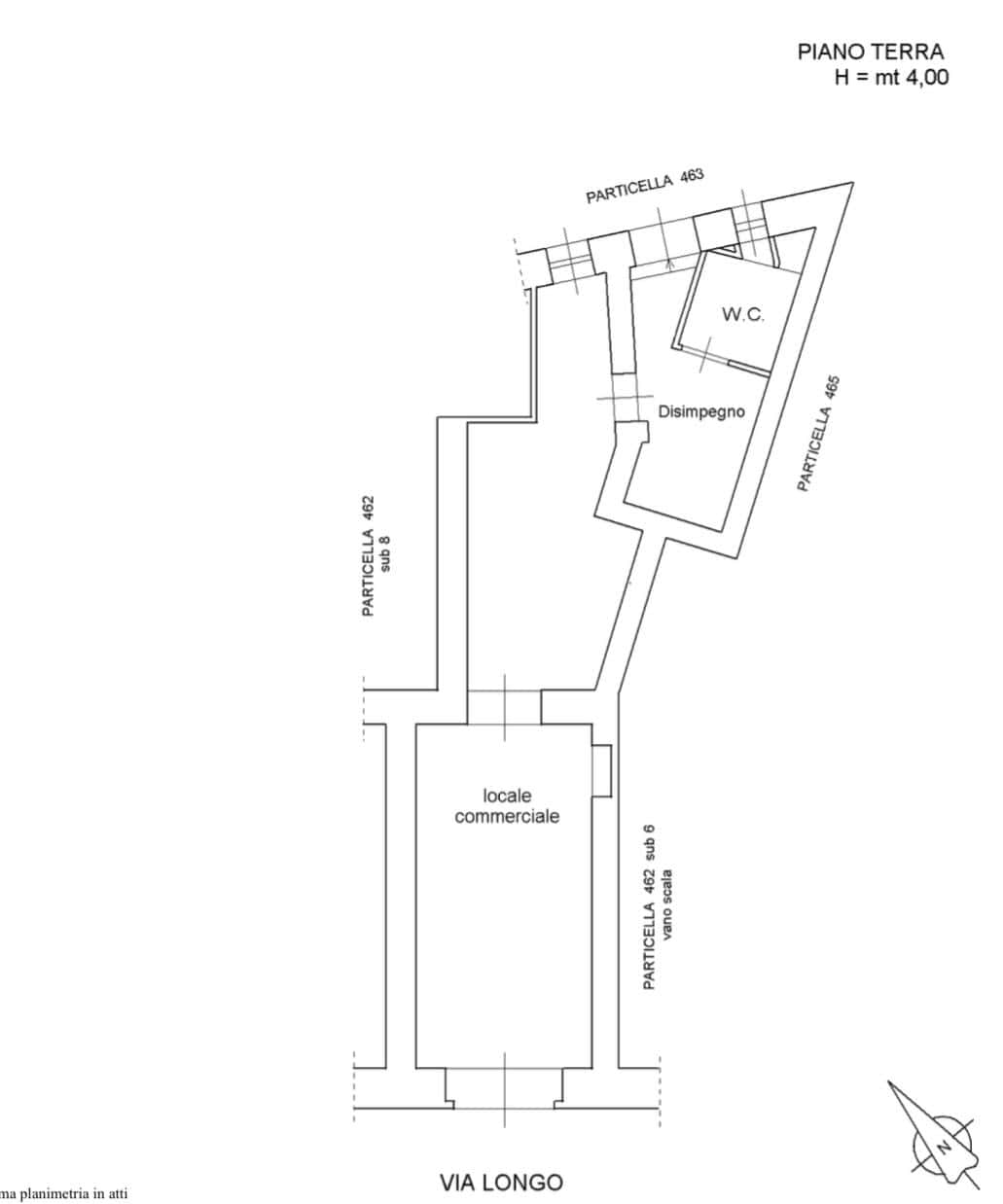 Case commerciale e planimetria immobiliare NextCasa, open space con ufficio, servizi e disimpegno, ideale per investimento e attività commerciali a Via Longo.