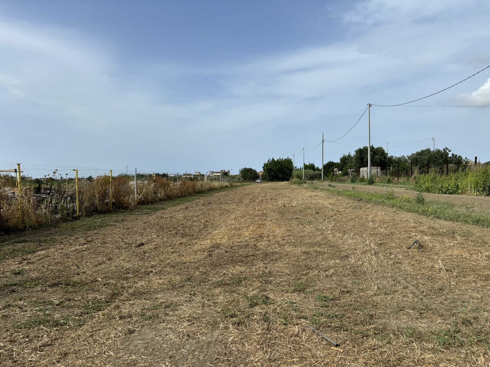 Campo in affitto o vendita in campagna, con strade sterrate, recinzioni e pali per l'illuminazione pubblica, ideale per investimenti immobiliari o progetti rurali.