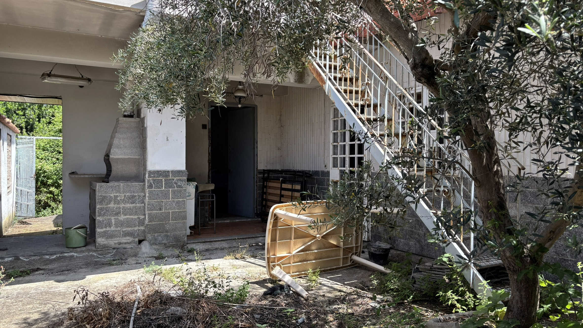 Img ambiente esterno di una proprietà residenziale con scala esterna, albero e oggetti vari, vista di una casa rustica e giardino con vegetazione lussureggiante.