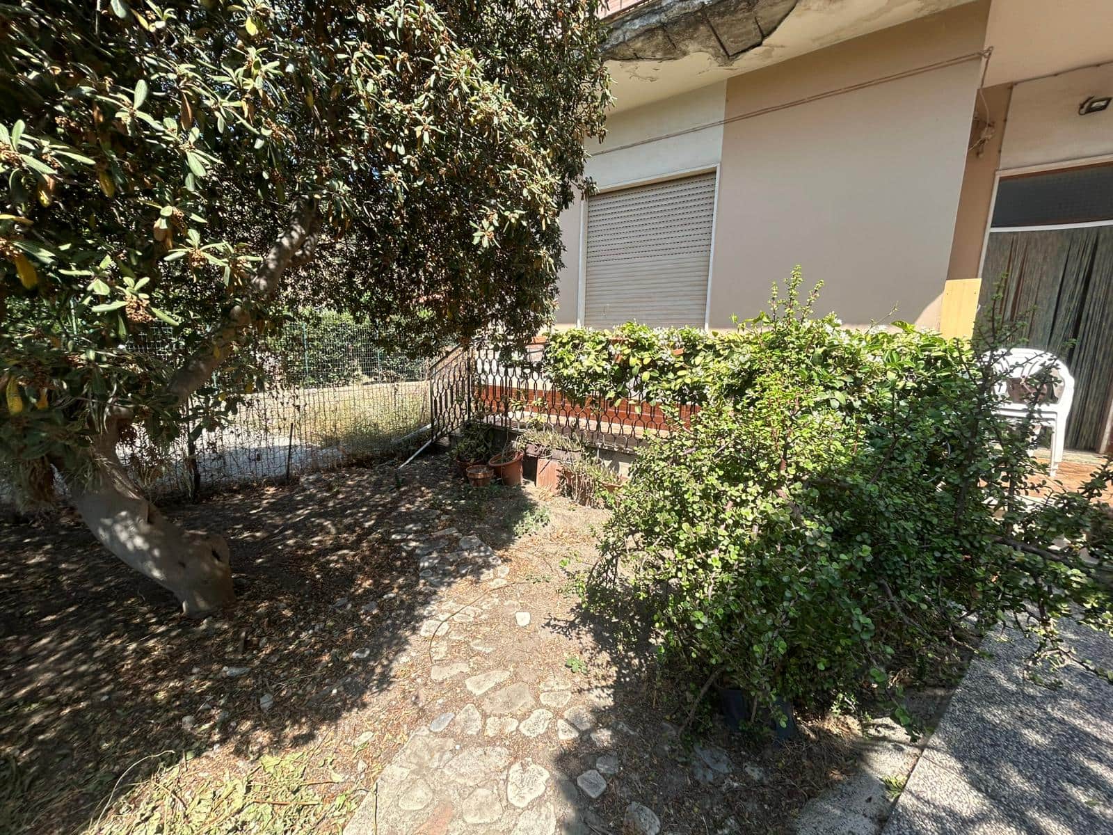 Verde giardino esterno con alberi e piante fiorite, spazio tranquillo e luminoso, ideale per relax e attività all'aperto, in zona residenziale di qualità.