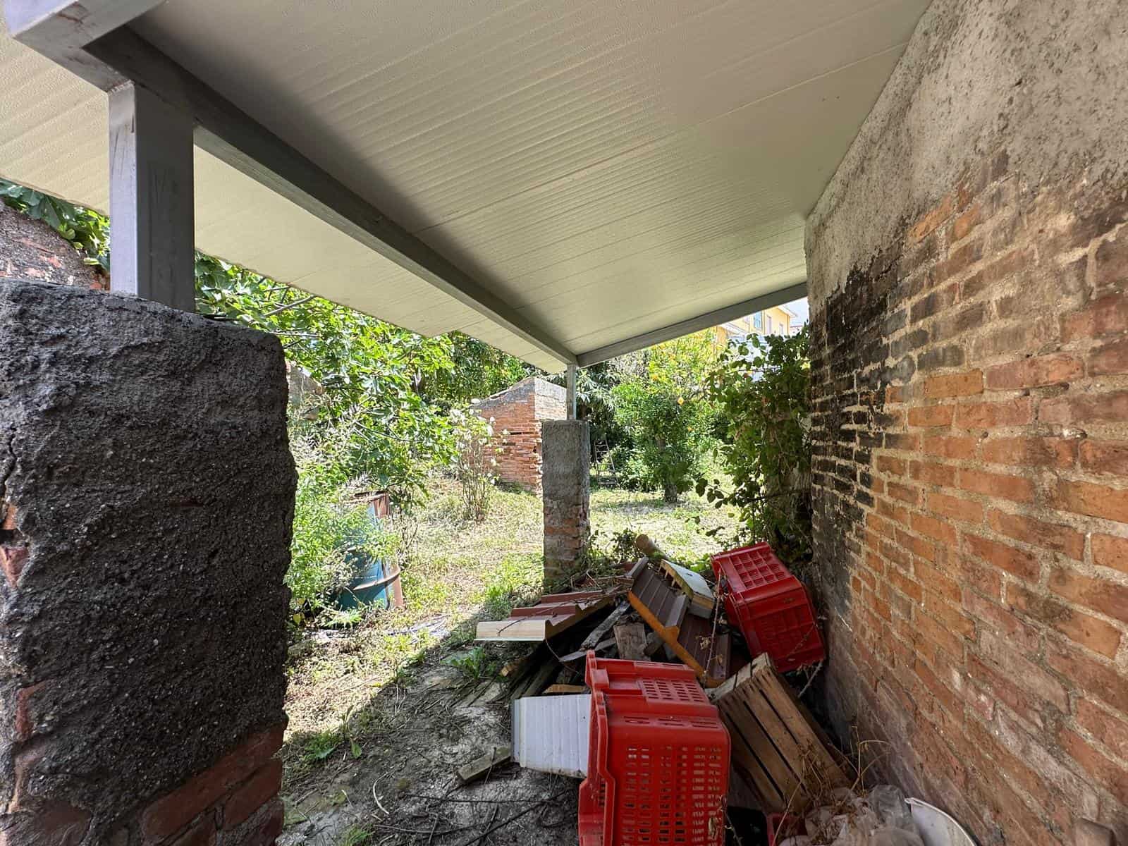 Vecchio cortile esterno con muro in mattoni e scaffali di plastica rossa, zona abbandonata con spazzatura e vegetazione.
