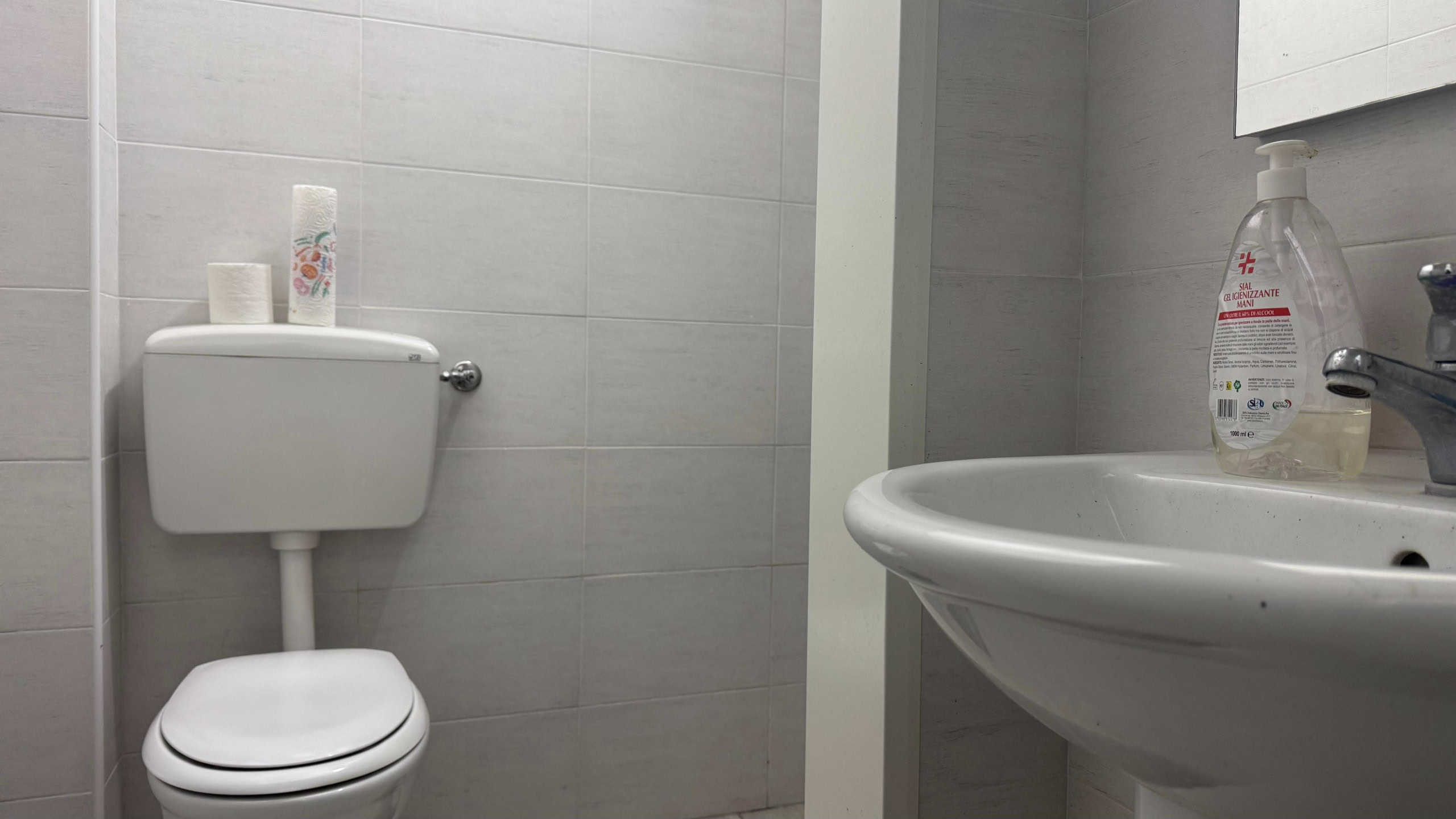 Toilette e lavabo in un bagno pulito e essenziale. La scena mostra un ambiente domestico semplice e funzionale, ideale per servizi igienici con attenzione a dettagli come il dispenser di sapone e la carta igienica. Perfetto per un'immagine di ambiente residenziale in ambito immobiliare o di ristrutturazione.