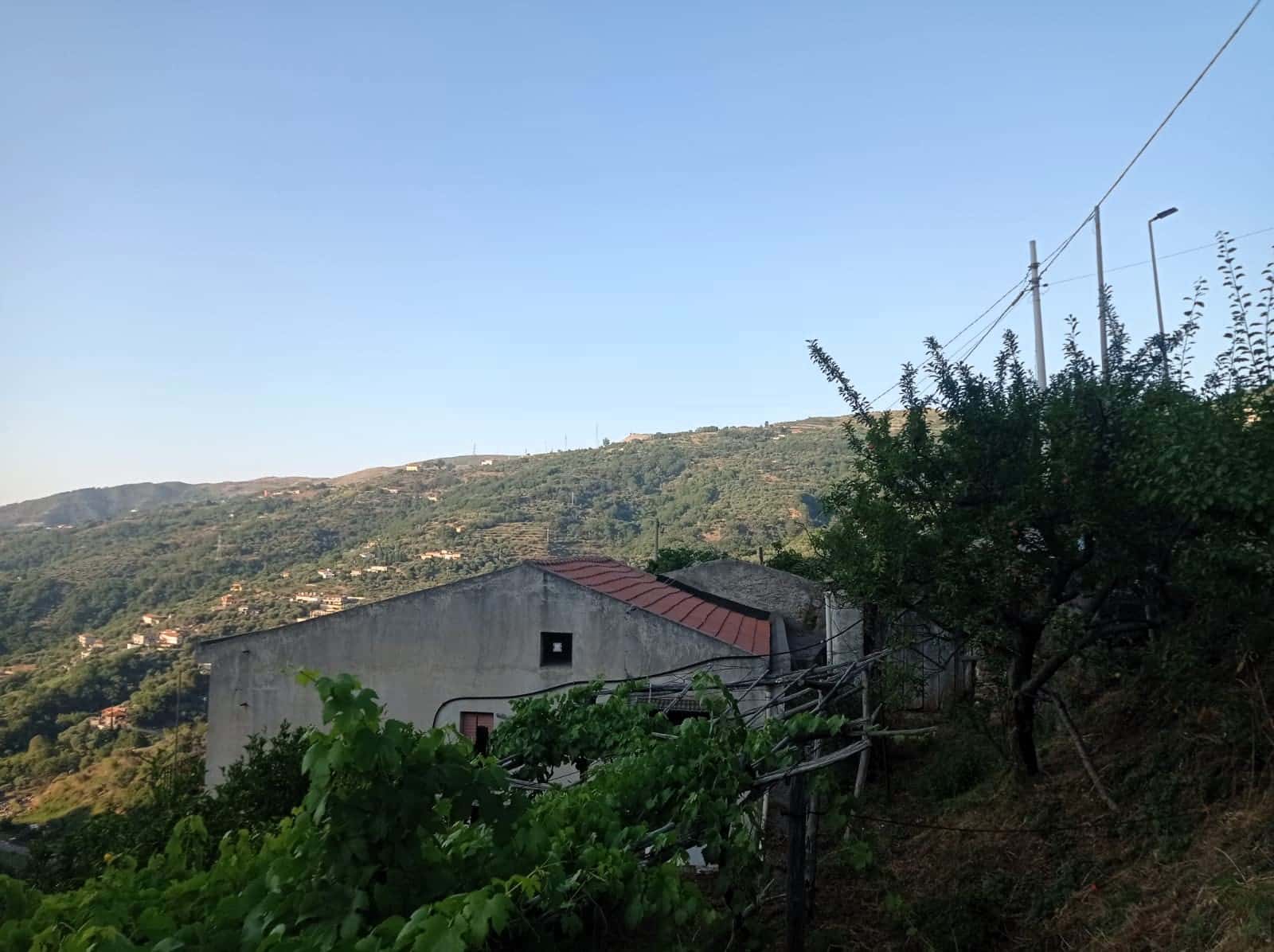 Texte alternatif : Casa rustica con tetto in tegole rosse, immersa nel paesaggio collinare verdeggiante, con alberi e cavi elettrici, sotto un cielo chiaro e blu.