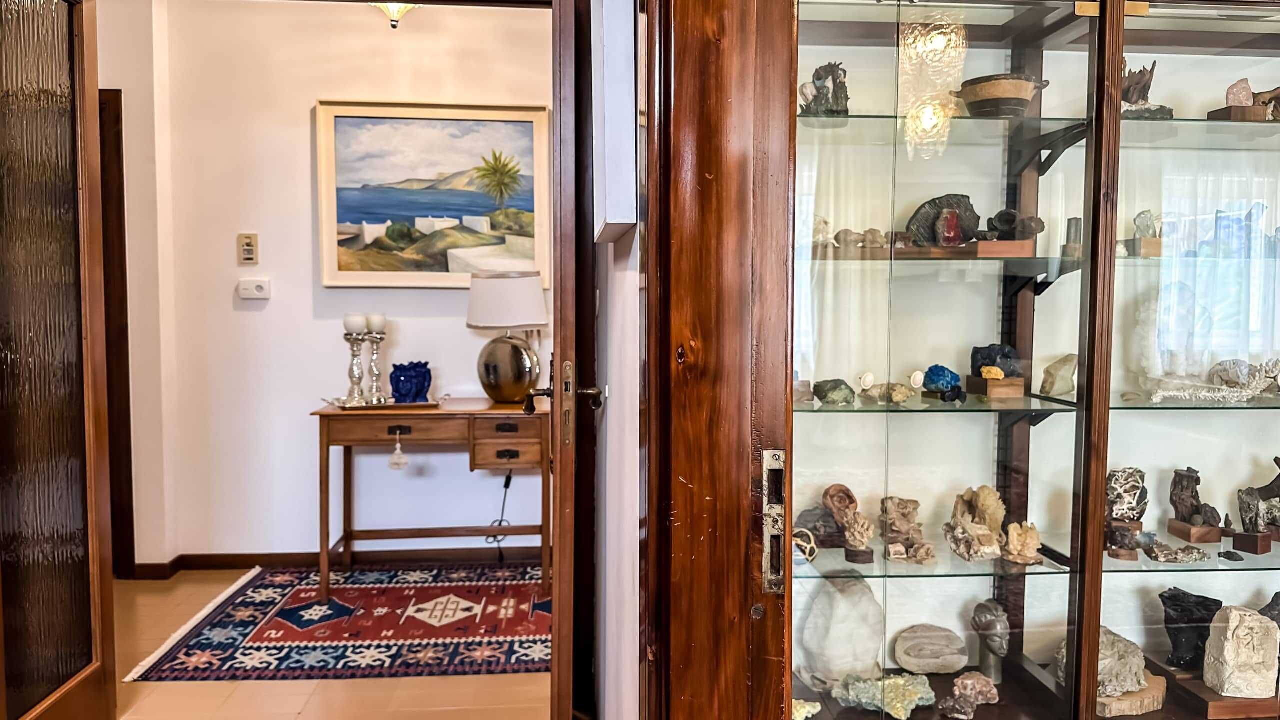 Vetrina con collezione di minerali e fossili in ambientazione classica, ideale per appassionati di geologia e collezionisti, decorativa e ricca di pezzi unici e naturali.