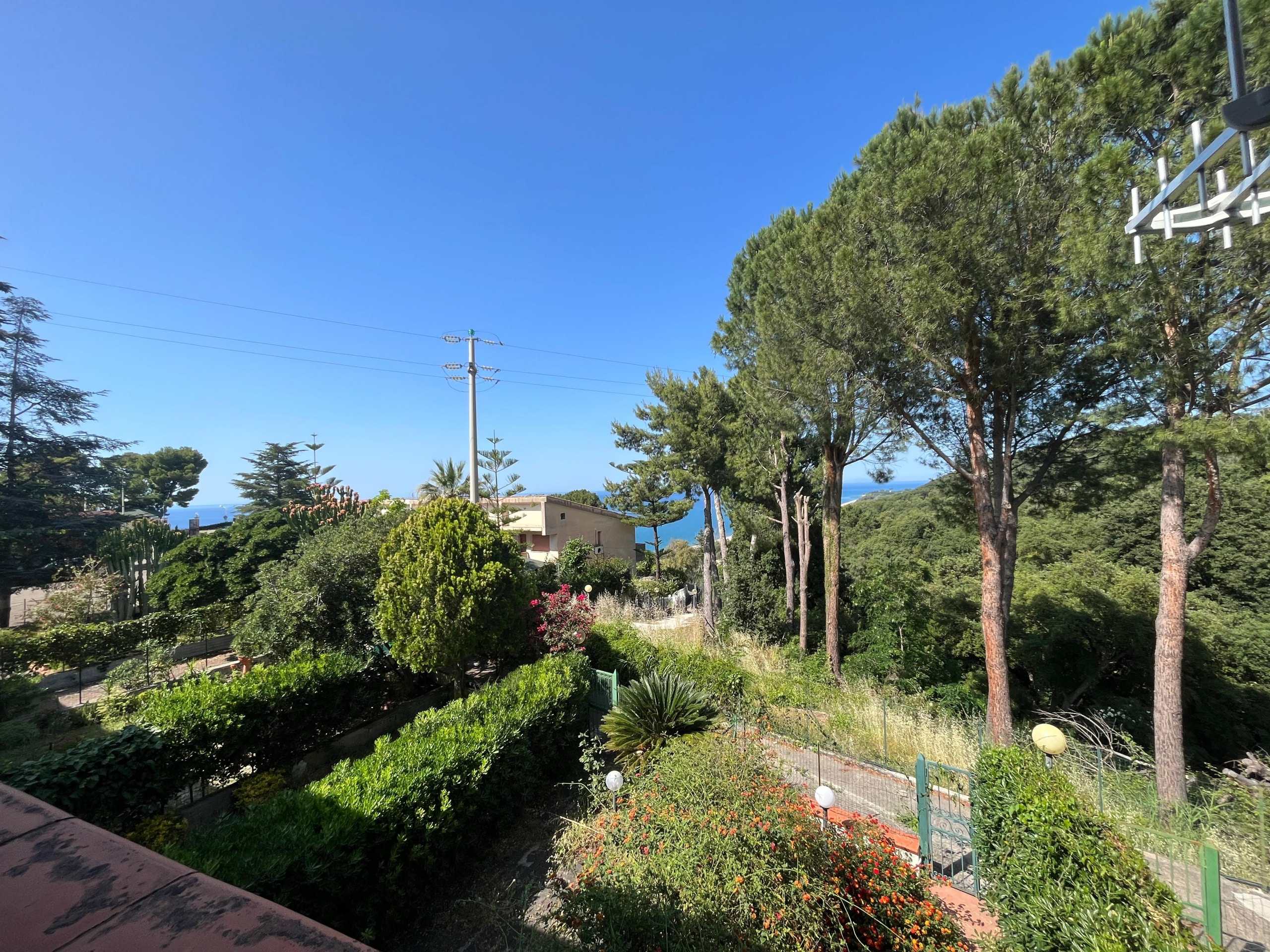 Vista mare e giardino rigoglioso in una casa al mare, con pini e vegetazione mediterranea, in un ambiente tranquillo e naturale, ideale per vivere a contatto con la natura e il mare.