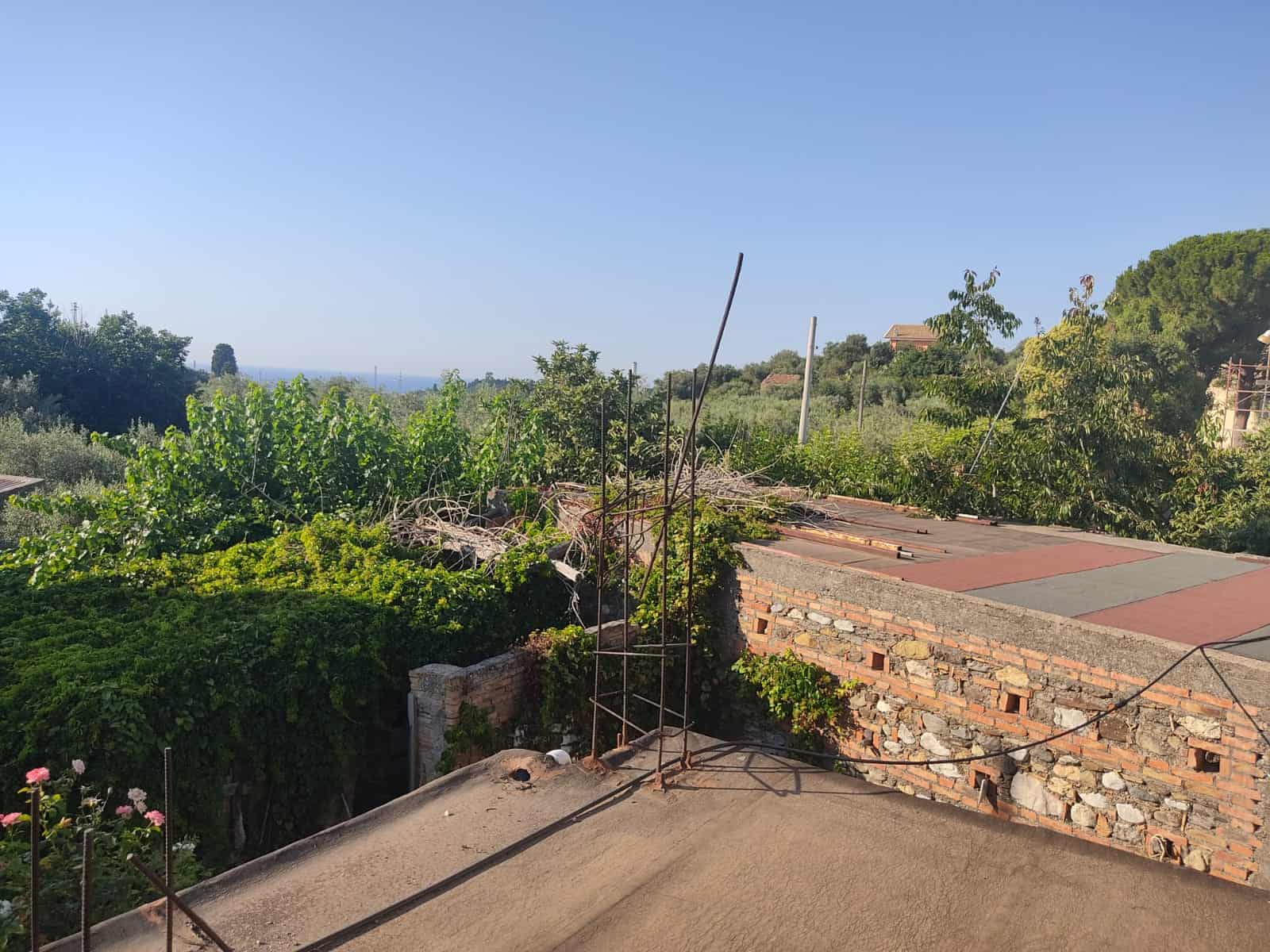 Verde paesaggio rurale con terrazza e tetto in muratura, vista su colline e vegetazione rigogliosa, ideale per case in vendita o affitto vicino a Roma, con spazio esterno e tranquillità.