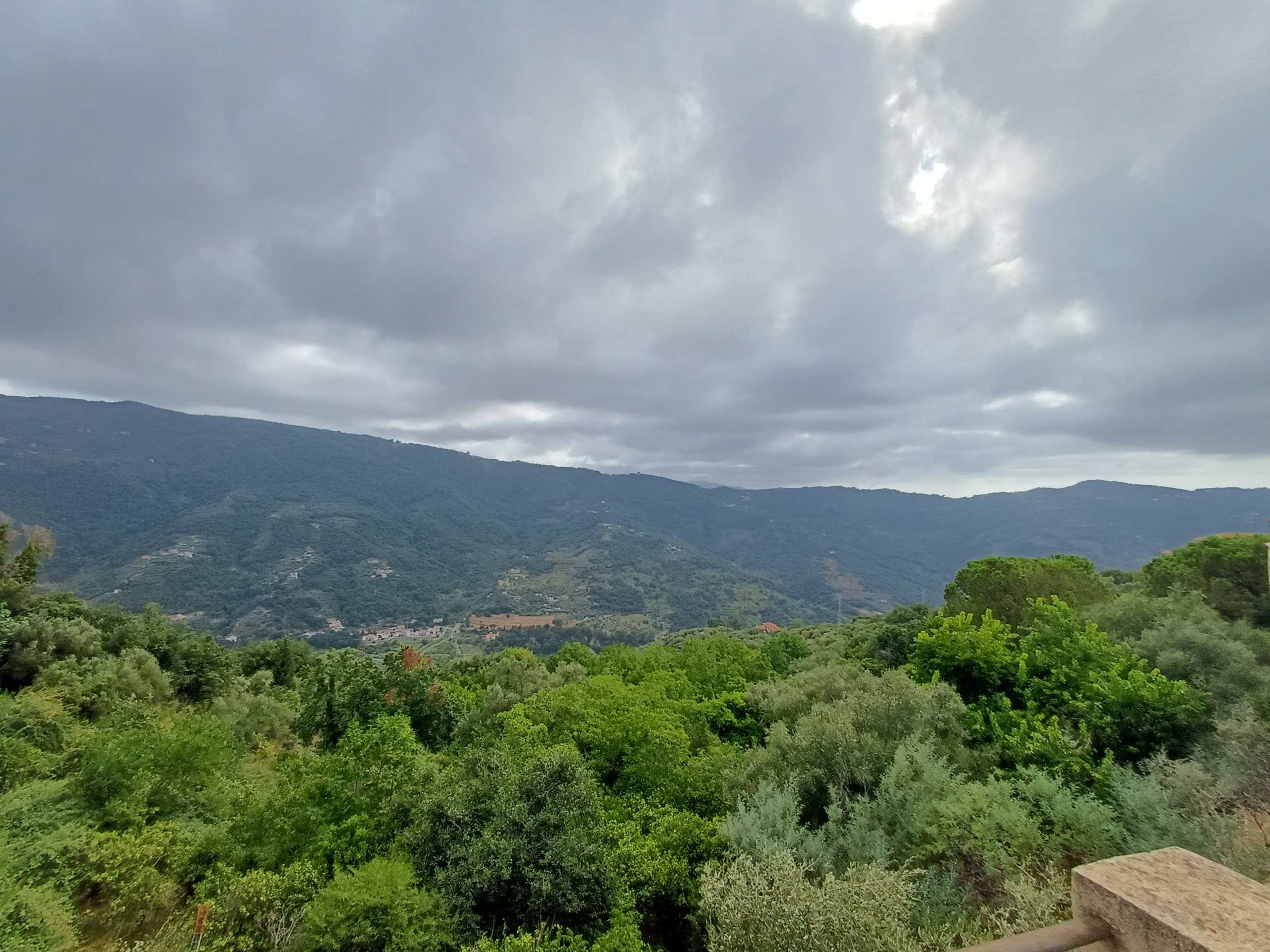 Vaste vista delle montagne verdi e della natura mediterranea, con cielo nuvoloso, ideale per promuovere immobili immersi nel paesaggio naturale della regione.