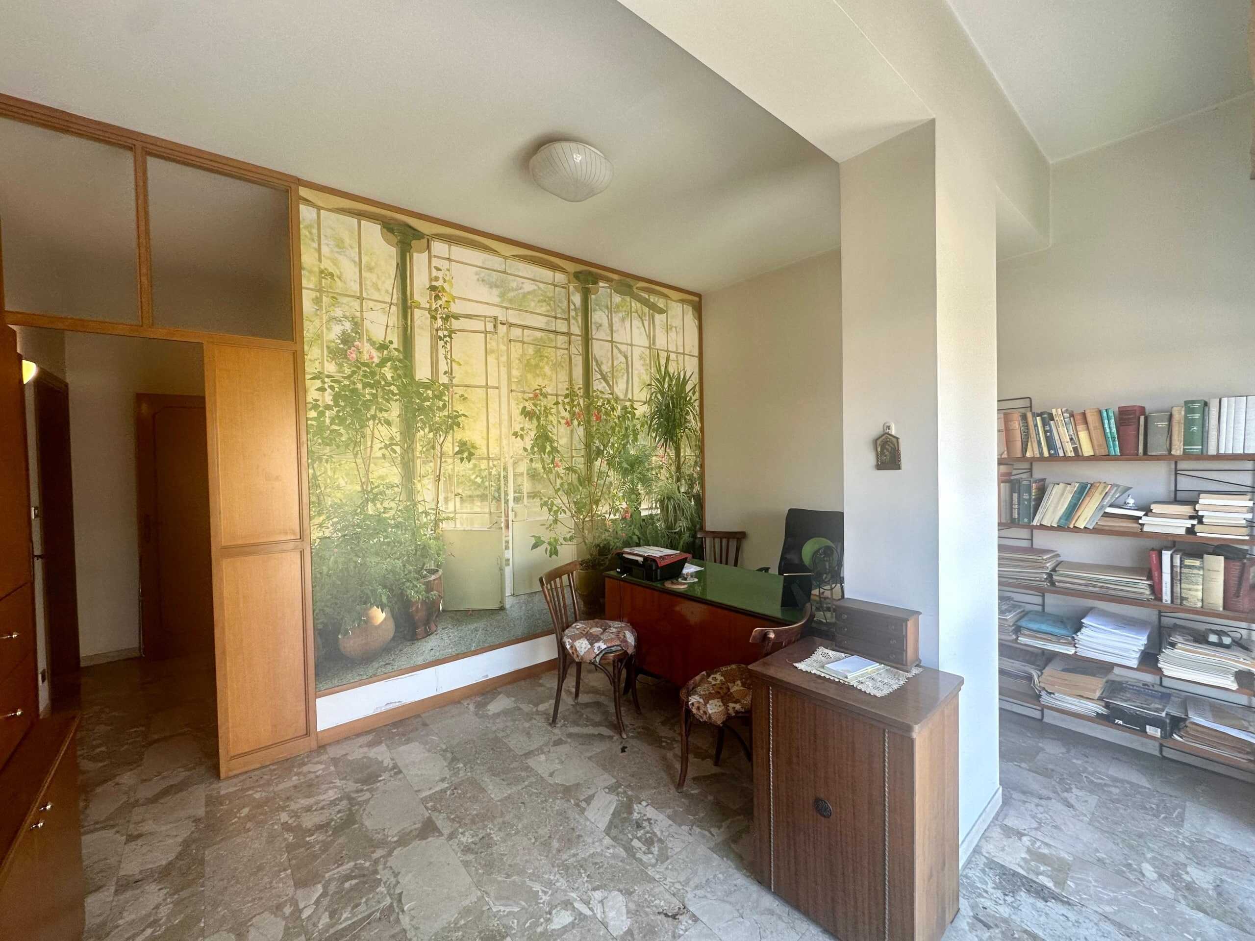 Vicolo con piante verdi in un ufficio luminoso arredato con mobili in legno e librerie piene di libri, ambiente accogliente e tranquillo, ideale per lavori o studio a NextCasa.